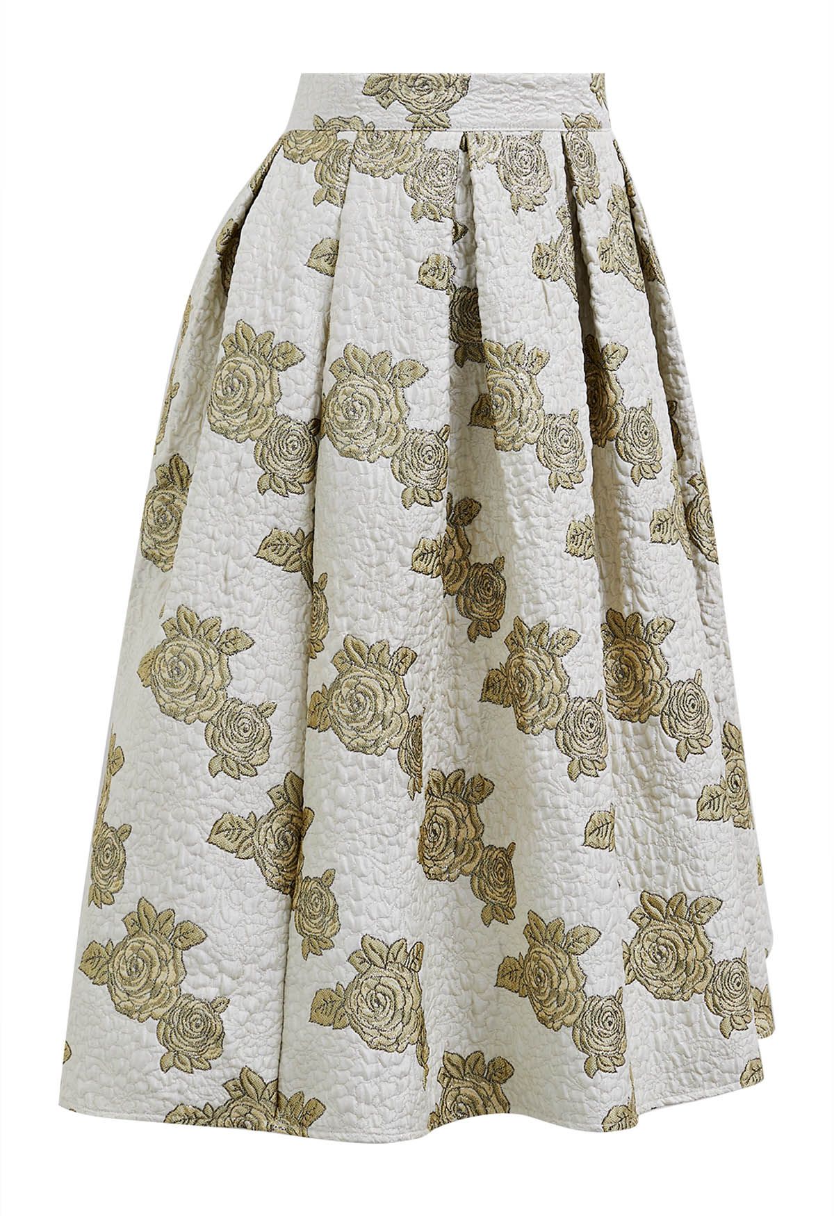 Vintage Rose Jacquard Embossed Pleated Midi Skirt