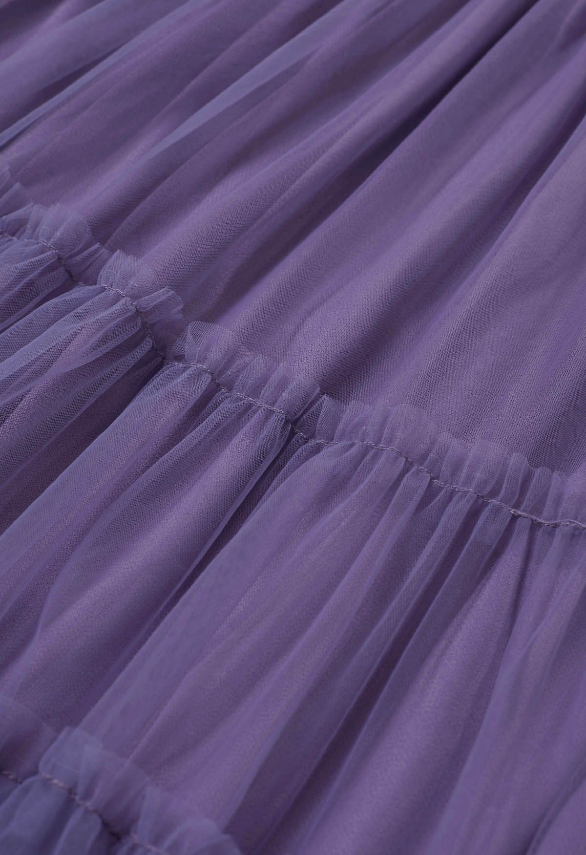 Ruffles Adorned Mesh Tulle Midi Skirt in Purple