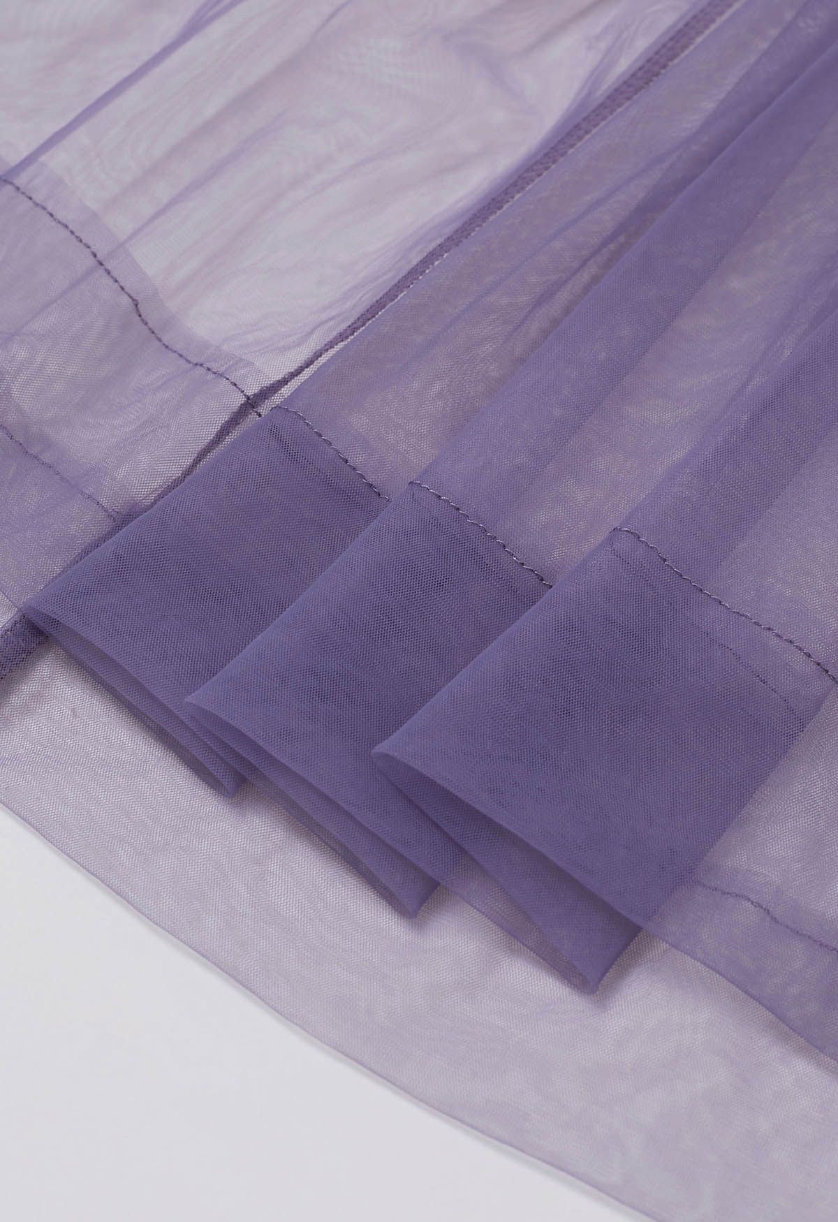 Ruffles Adorned Mesh Tulle Midi Skirt in Purple
