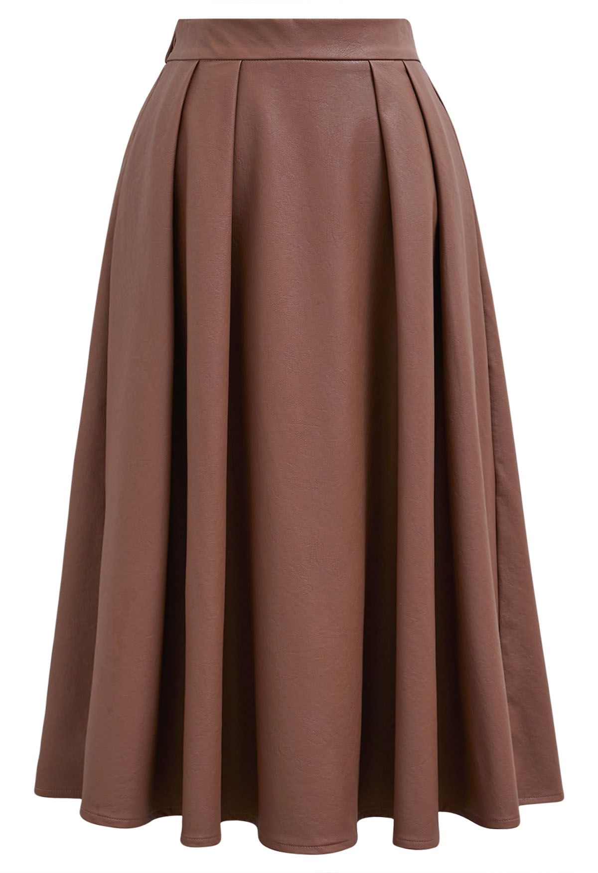 Faux Leather Pleated Flare Midi Skirt in Rust