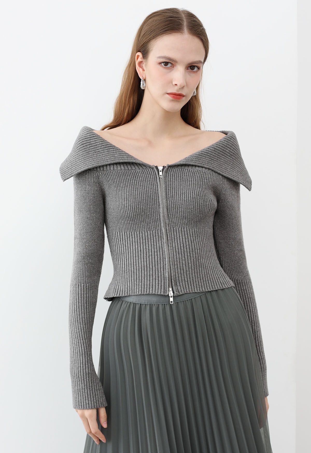 Flap Collar Zip Up Cropped Knit Top in Grey - Retro, Indie and Unique ...