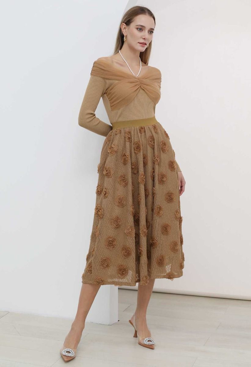3D Rose Openwork Cotton Midi Skirt in Camel