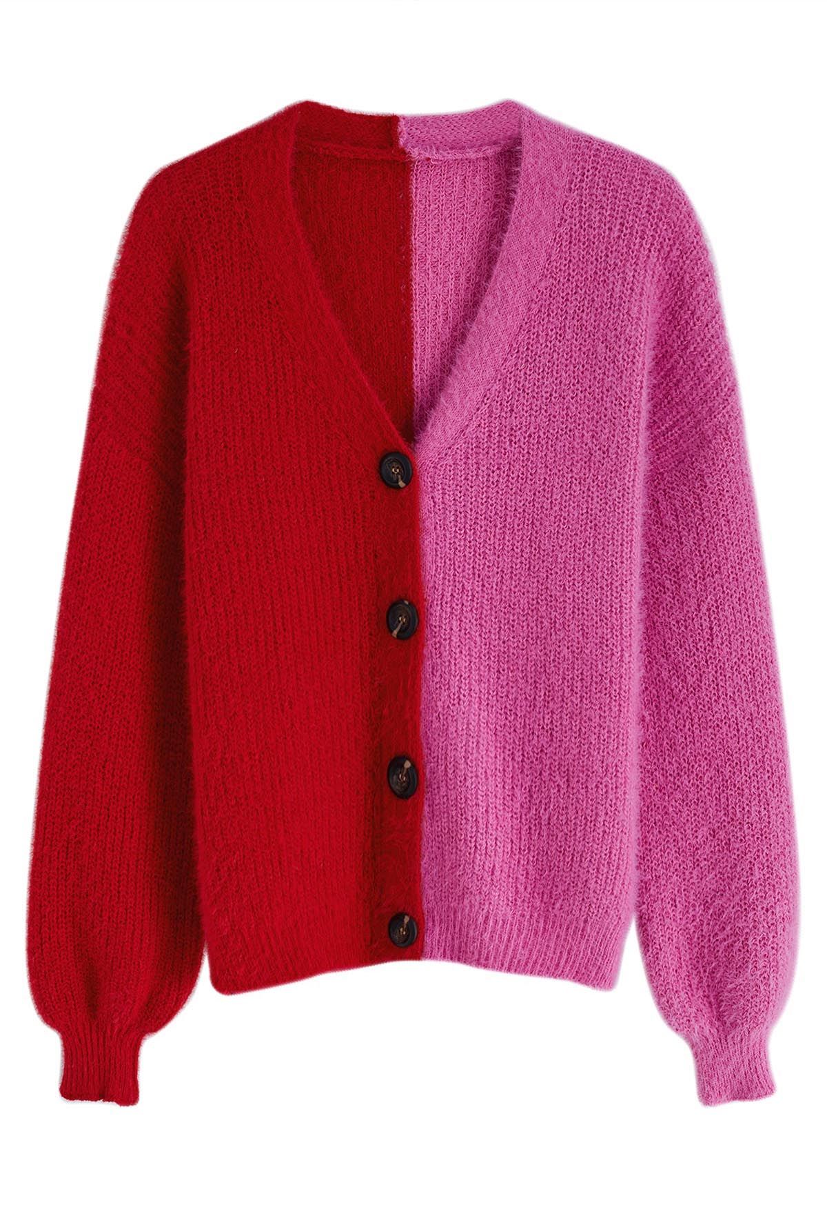 Bicolor Fuzzy Knit Button Up Cardigan in Red