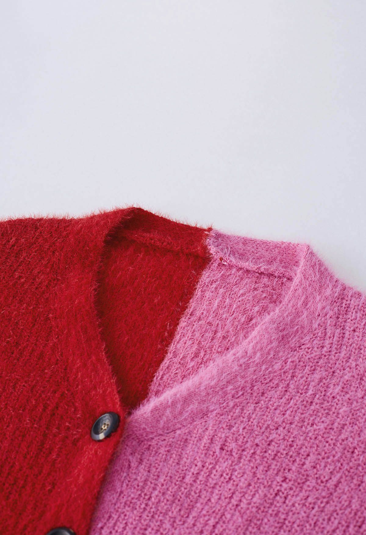 Bicolor Fuzzy Knit Button Up Cardigan in Red