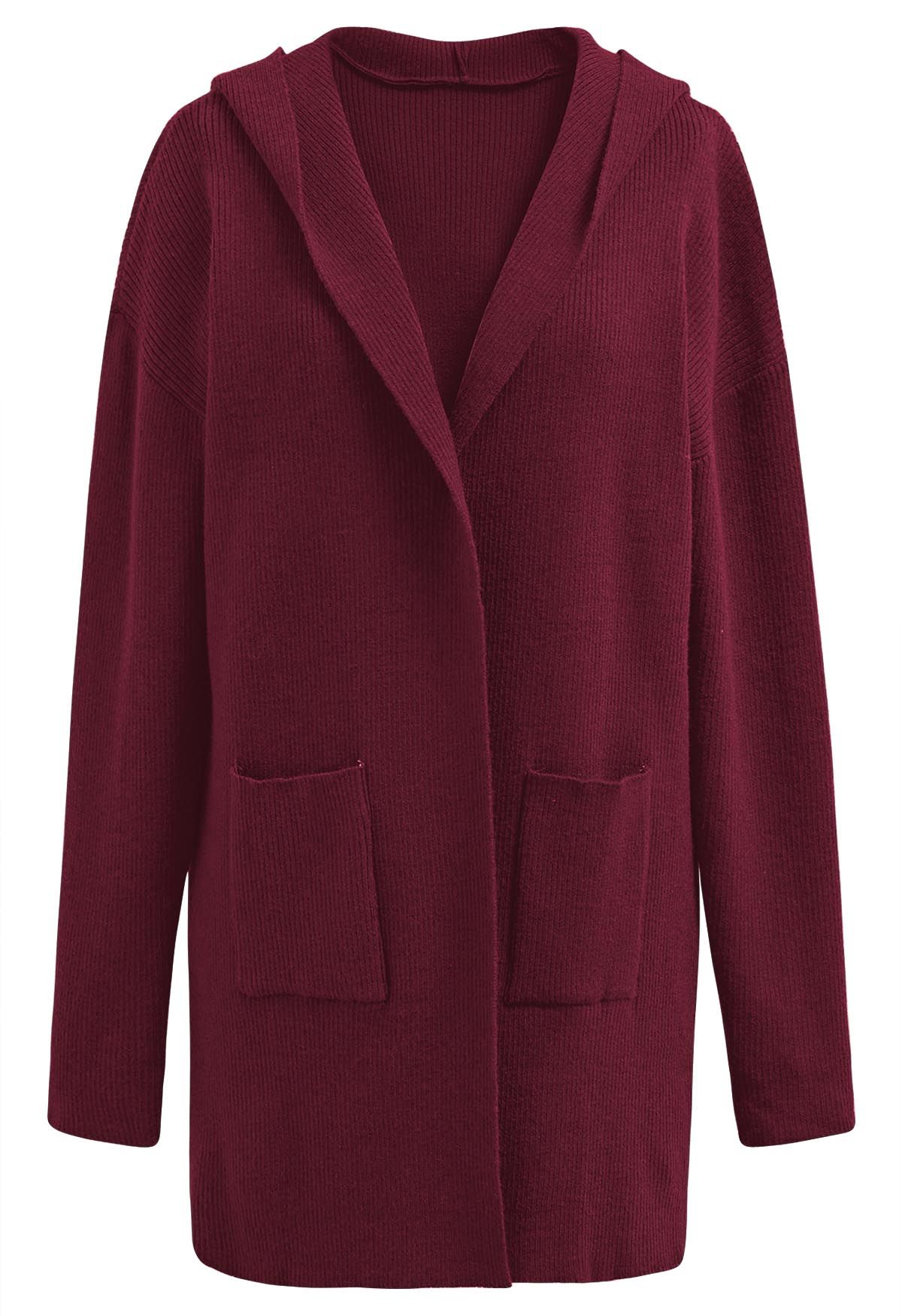 Patch Pockets Open Front Hooded Cardigan in Burgundy