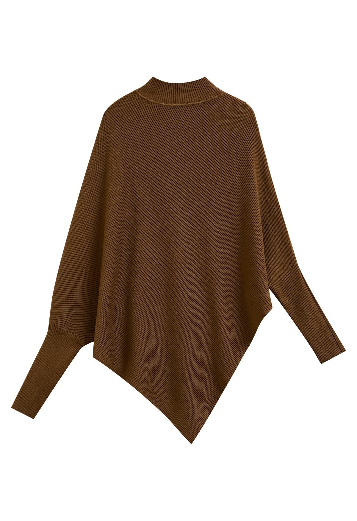 Asymmetric Batwing Sleeve Ribbed Knit Poncho in Caramel