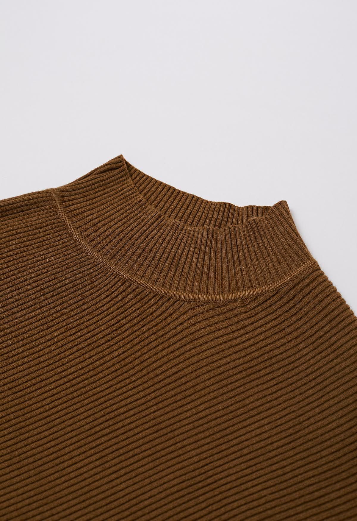 Asymmetric Batwing Sleeve Ribbed Knit Poncho in Caramel