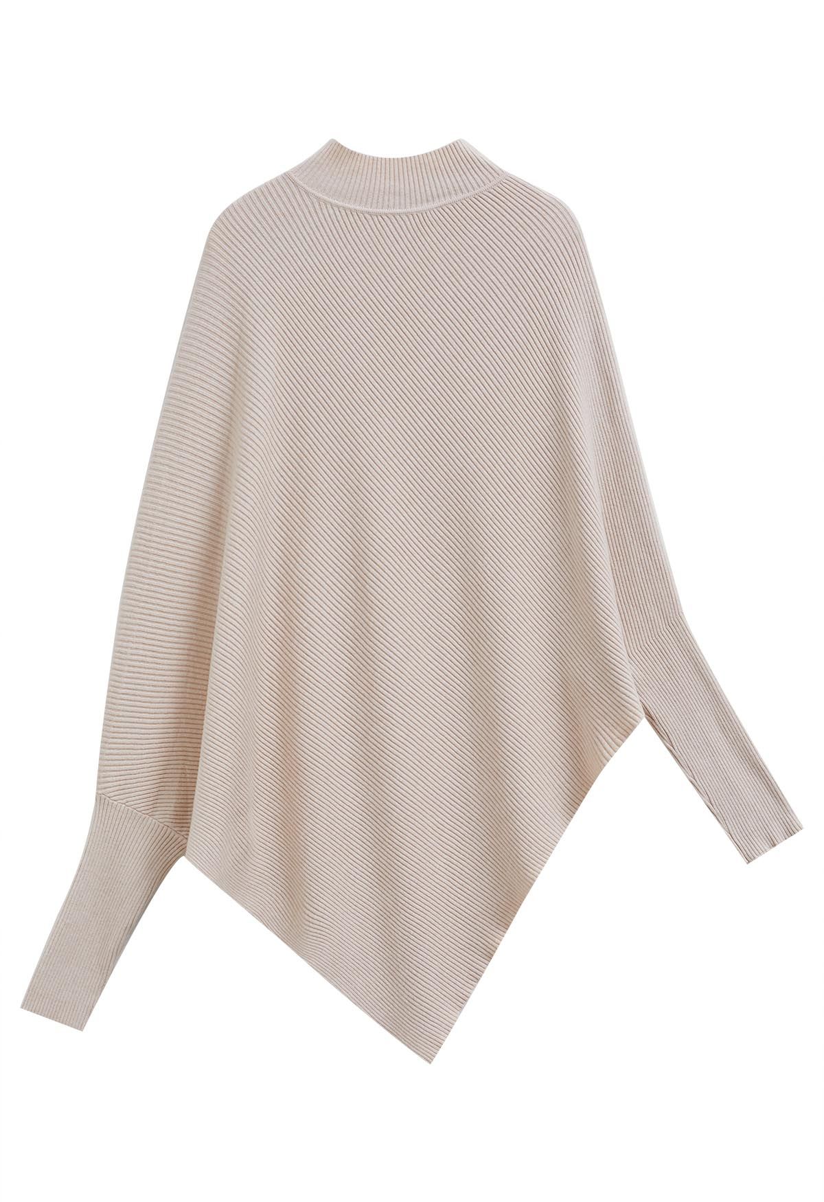 Asymmetric Batwing Sleeve Ribbed Knit Poncho in Oatmeal