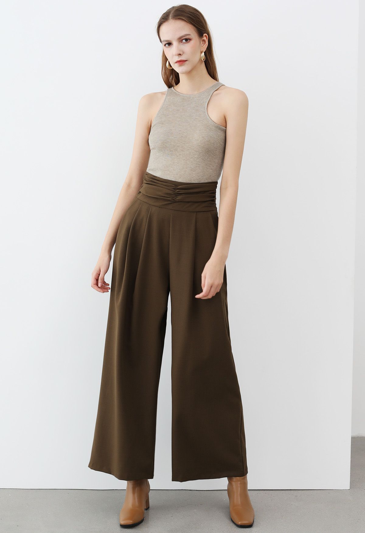 Ruched High Waist Pleated Wide-Leg Pants in Brown - Retro, Indie and Unique  Fashion