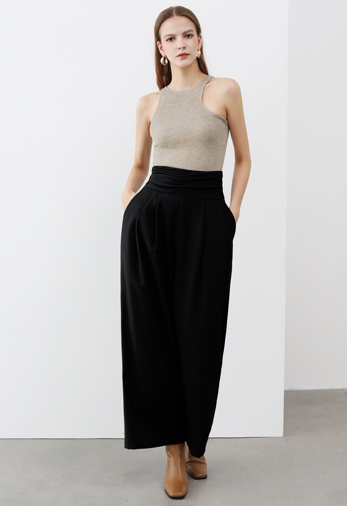 Ruched High Waist Pleated Wide-Leg Pants in Black - Retro, Indie and Unique  Fashion