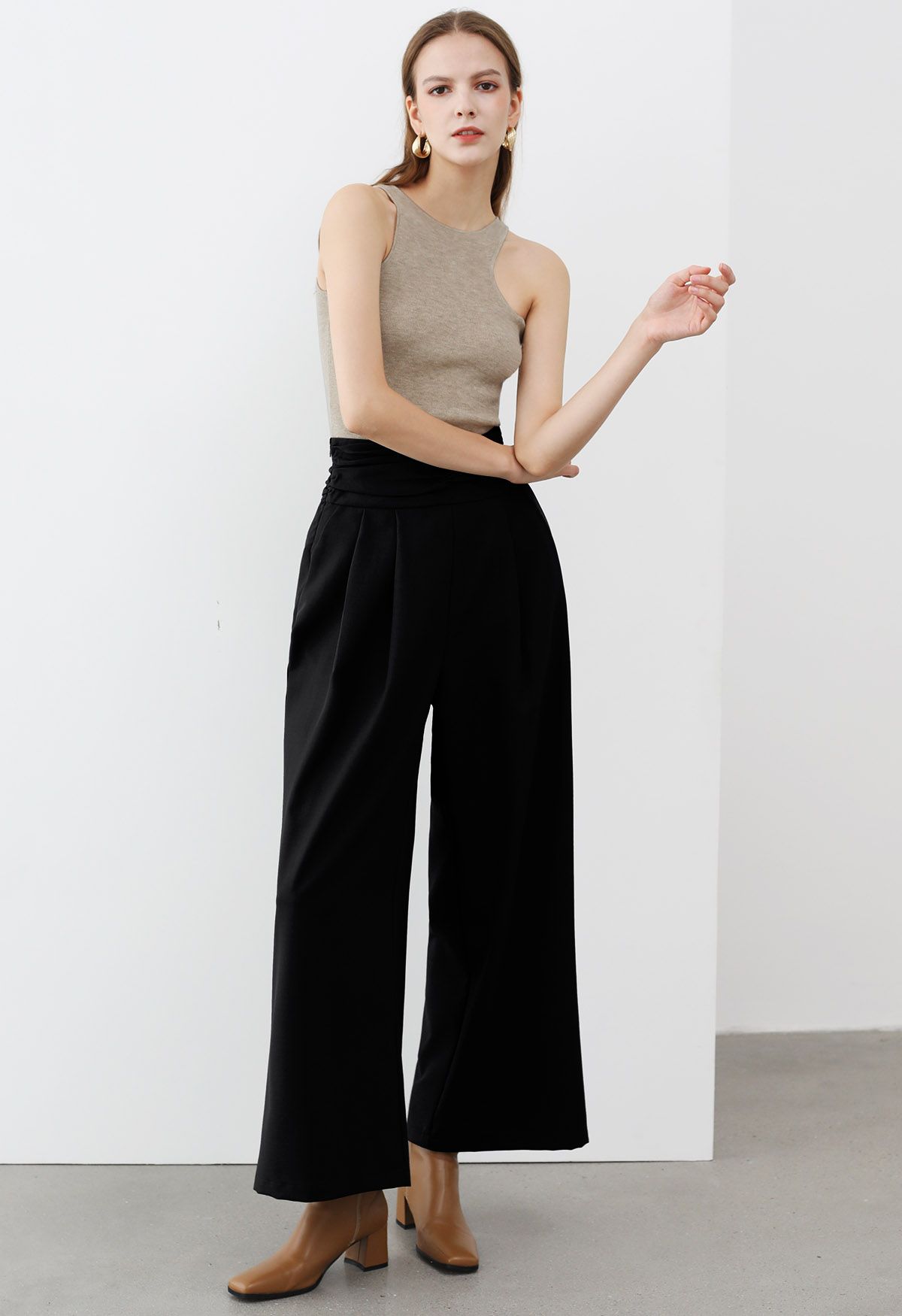 Ruched High Waist Pleated Wide-Leg Pants in Black - Retro, Indie and ...
