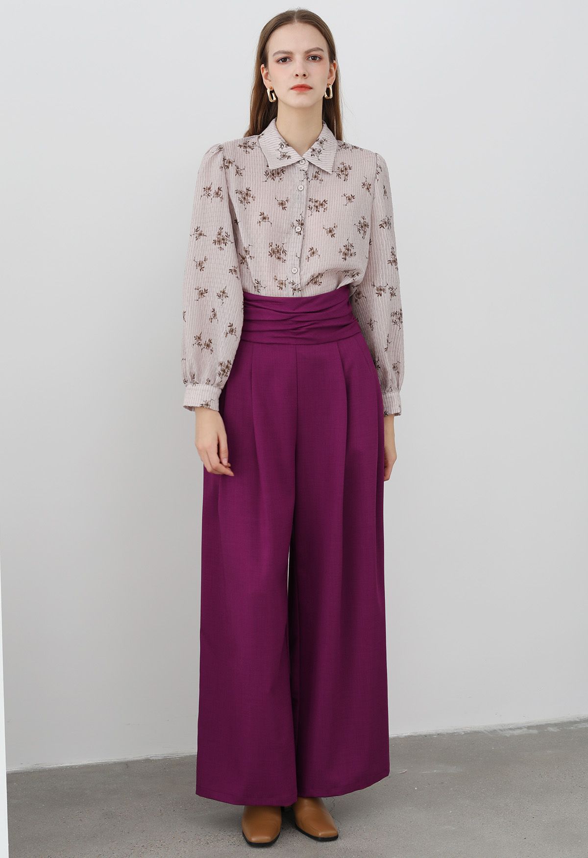 Ruched High Waist Pleated Wide-Leg Pants in Magenta - Retro, Indie