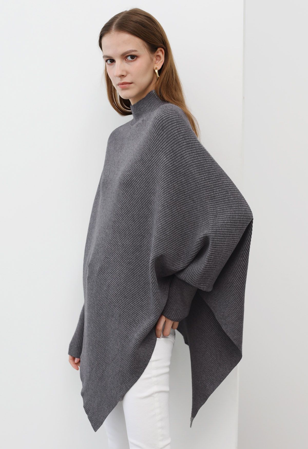 Asymmetric Batwing Sleeve Ribbed Knit Poncho in Grey - Retro, Indie and ...