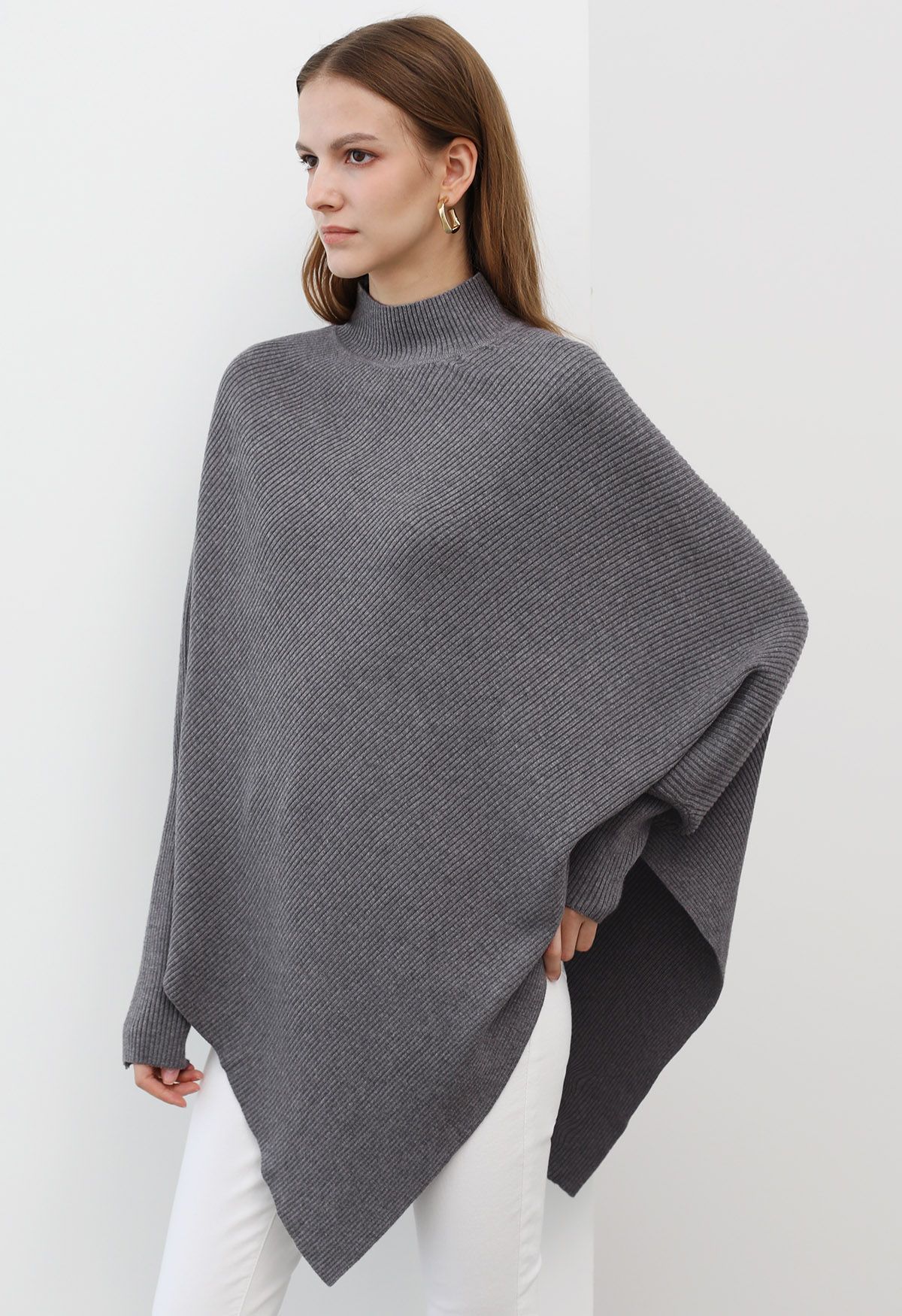 Asymmetric Batwing Sleeve Ribbed Knit Poncho in Grey - Retro, Indie and  Unique Fashion