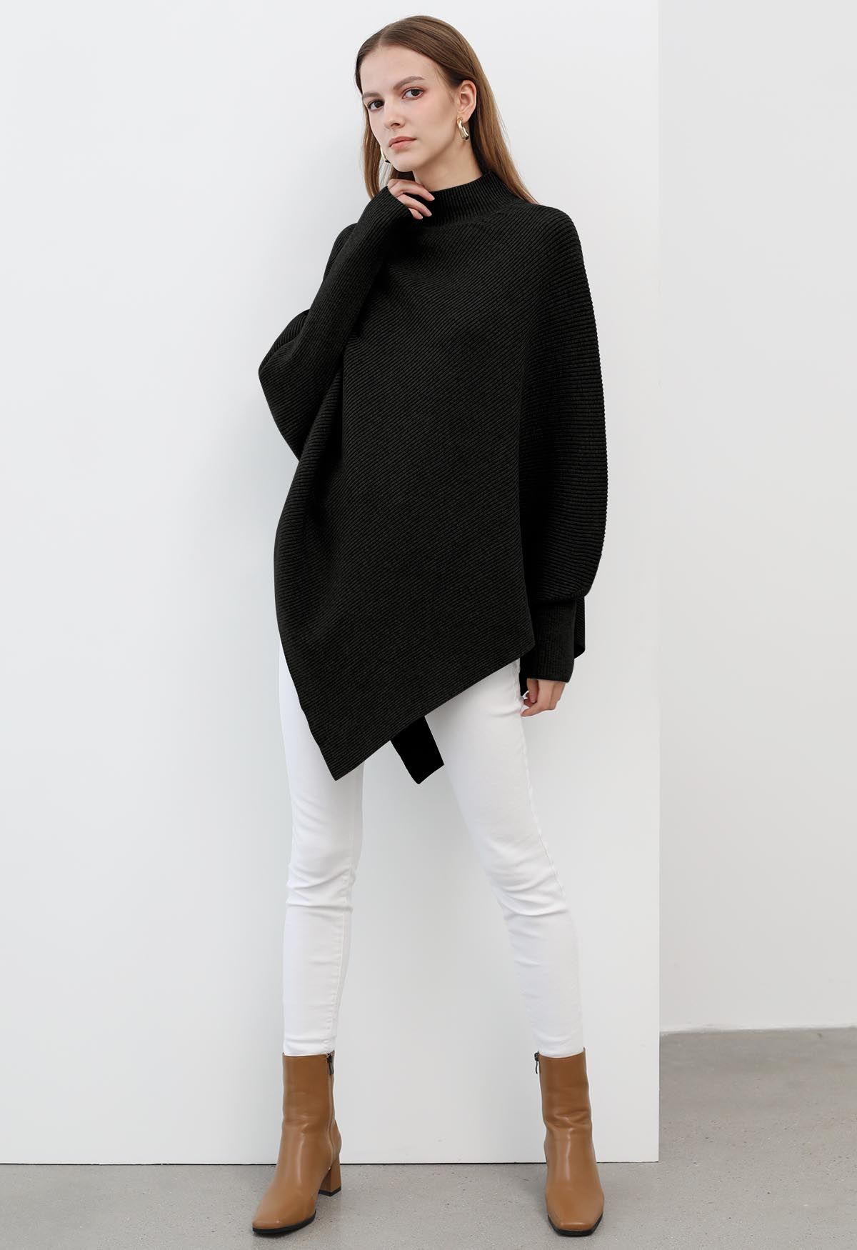 Asymmetric Batwing Sleeve Ribbed Knit Poncho in Black