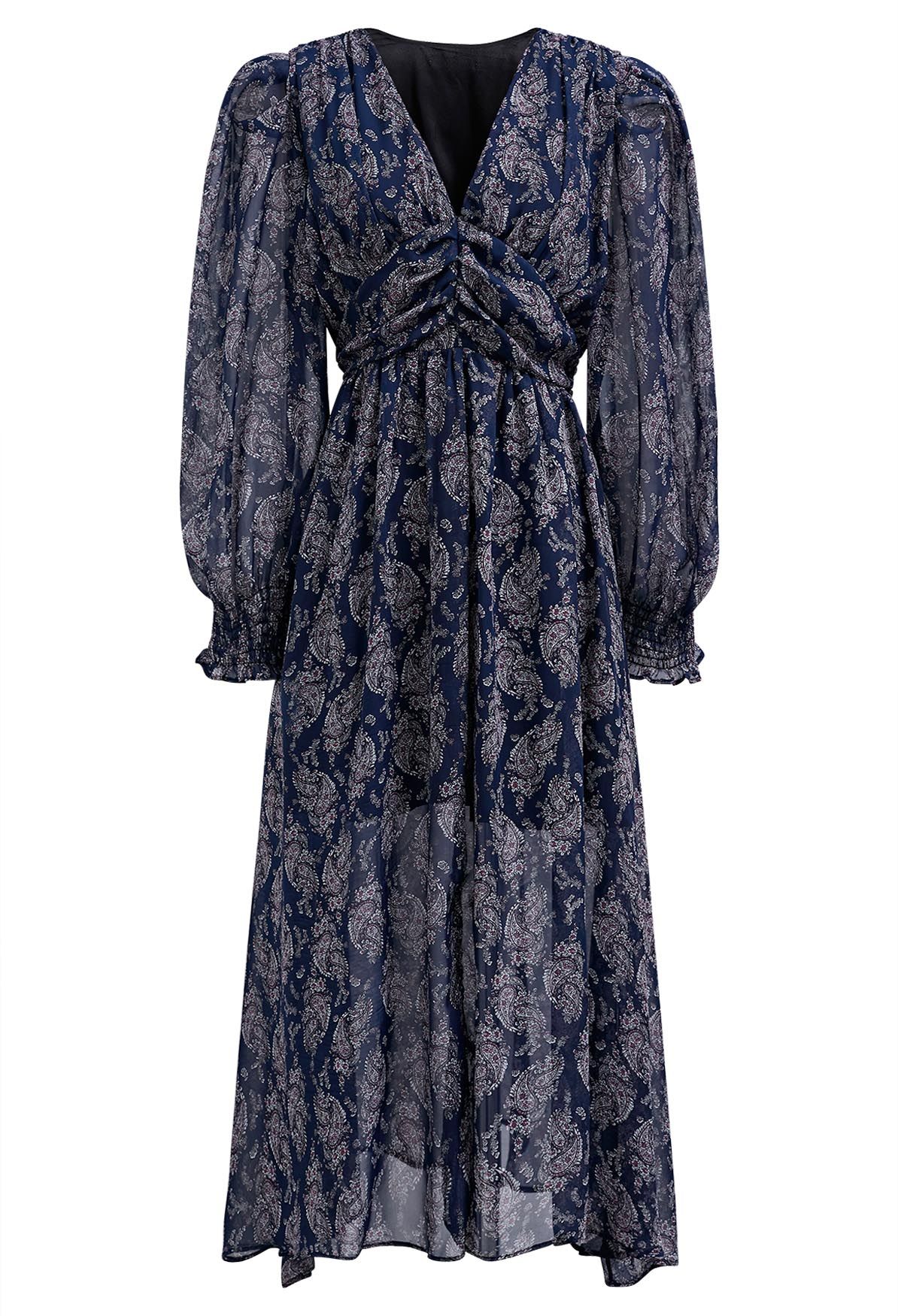 Paisley Print V-Neck Chiffon Midi Dress