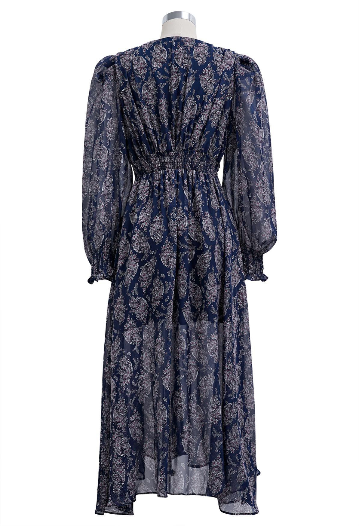 Paisley Print V-Neck Chiffon Midi Dress