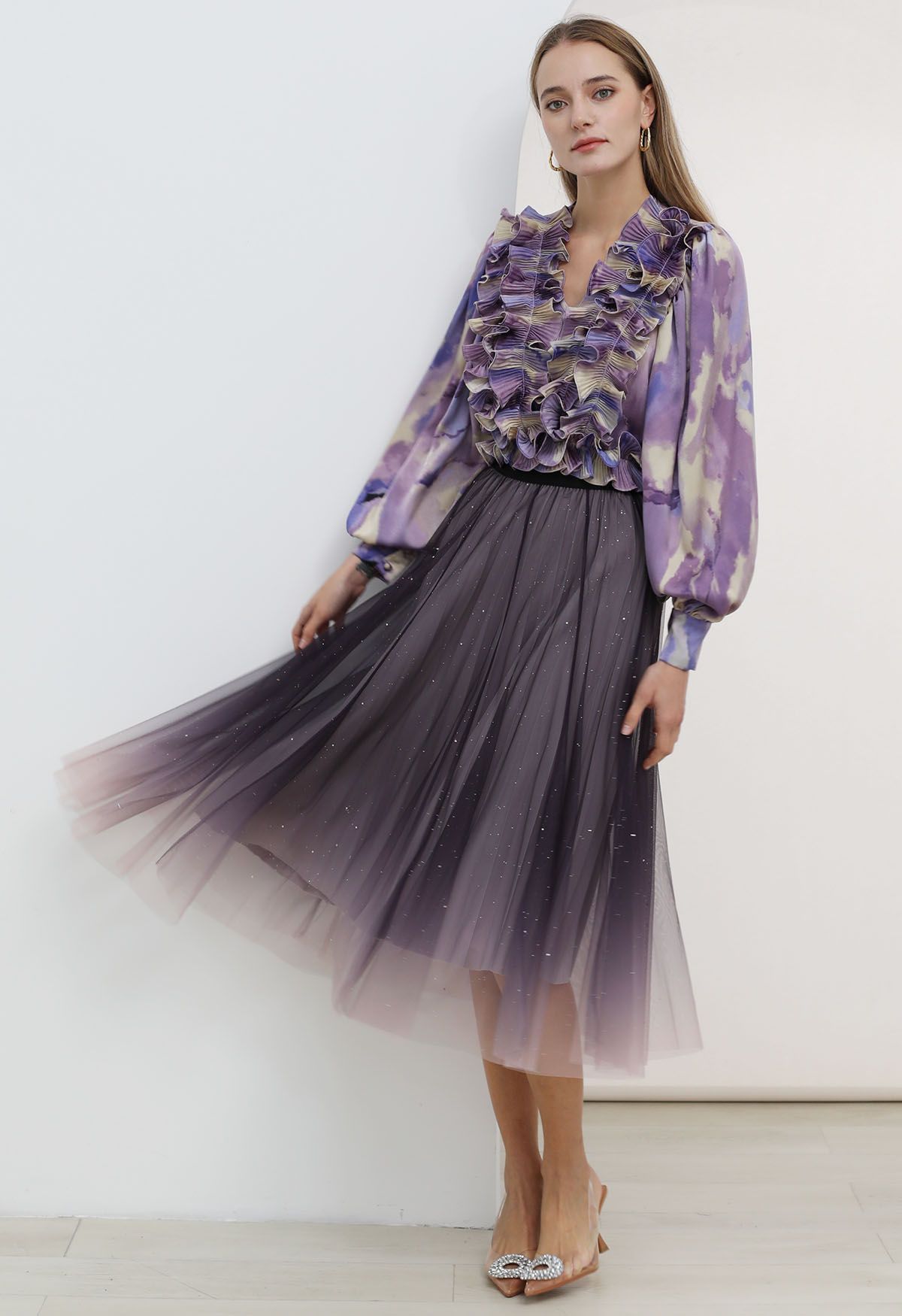 Gradient Mesh Sequined Midi Skirt in Purple