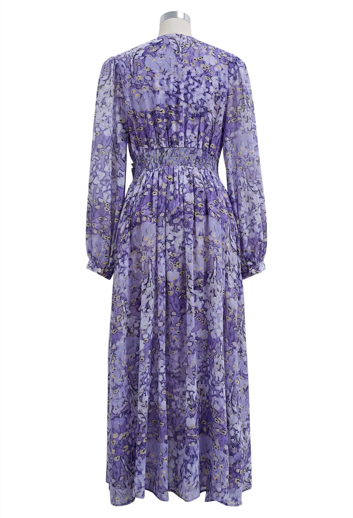 Dainty Floret Print Ruffle Chiffon Maxi Dress in Lavender - Retro ...
