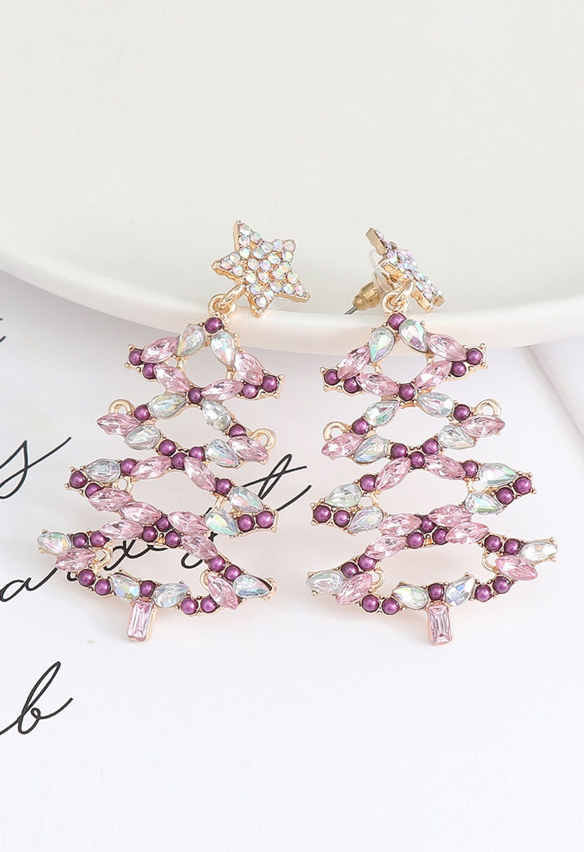 Hollow Out Christmas Tree Rhinestone Earrings in Pink