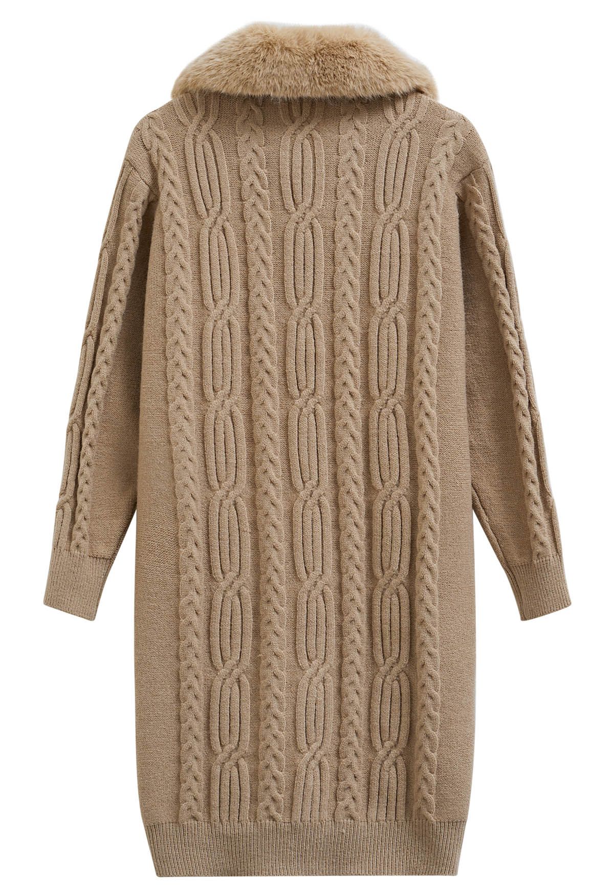 Faux Fur Collar Cable Knit Buttoned Longline Cardigan in Camel