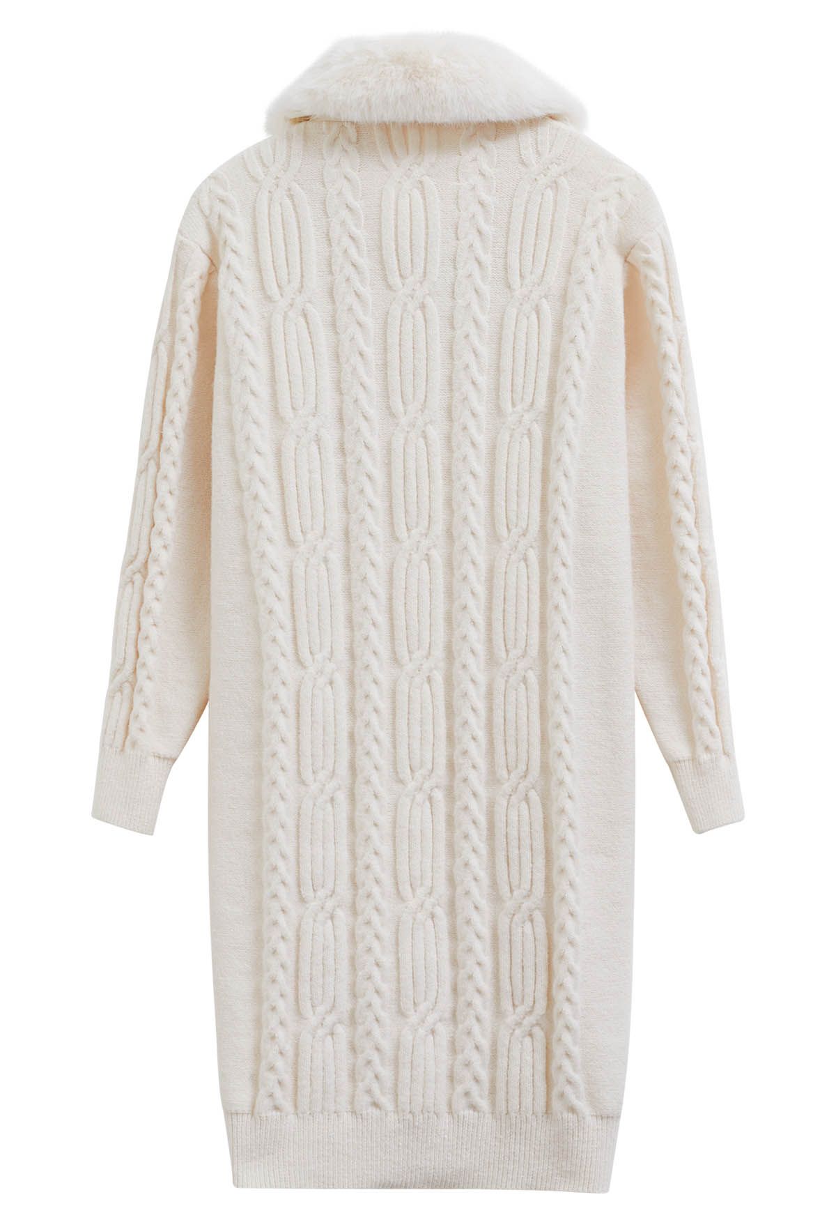 Faux Fur Collar Cable Knit Buttoned Longline Cardigan in White