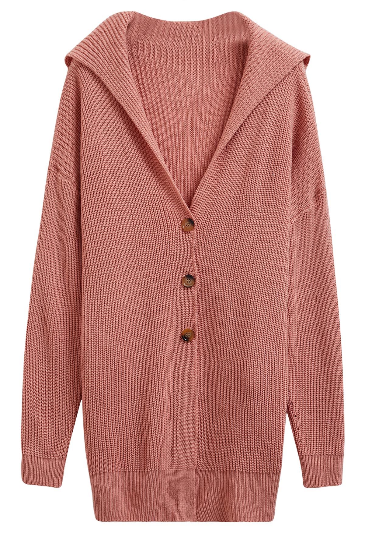 Flap Collar Button Down Longline Knit Cardigan in Coral