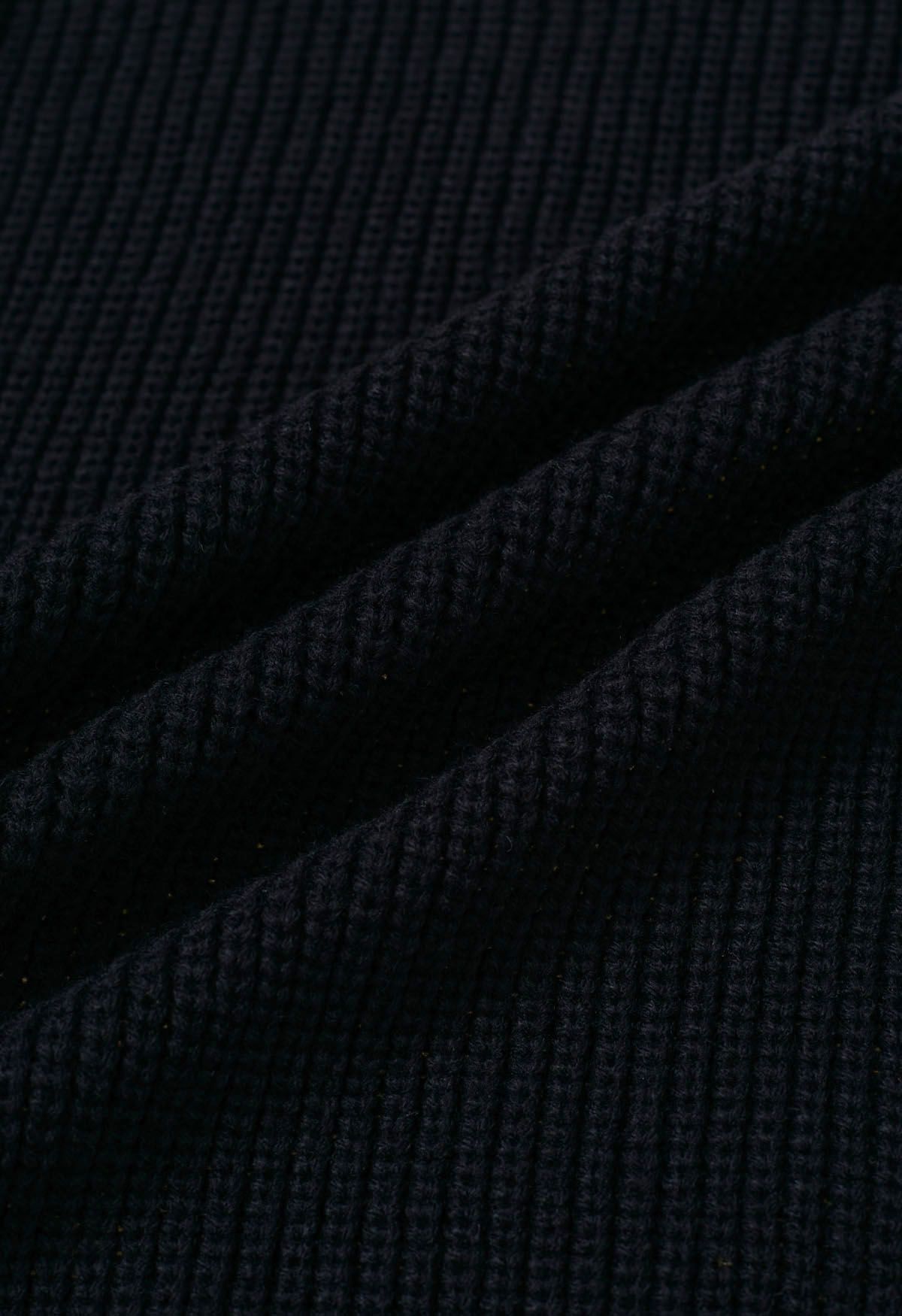 Flap Collar Button Down Longline Knit Cardigan in Black