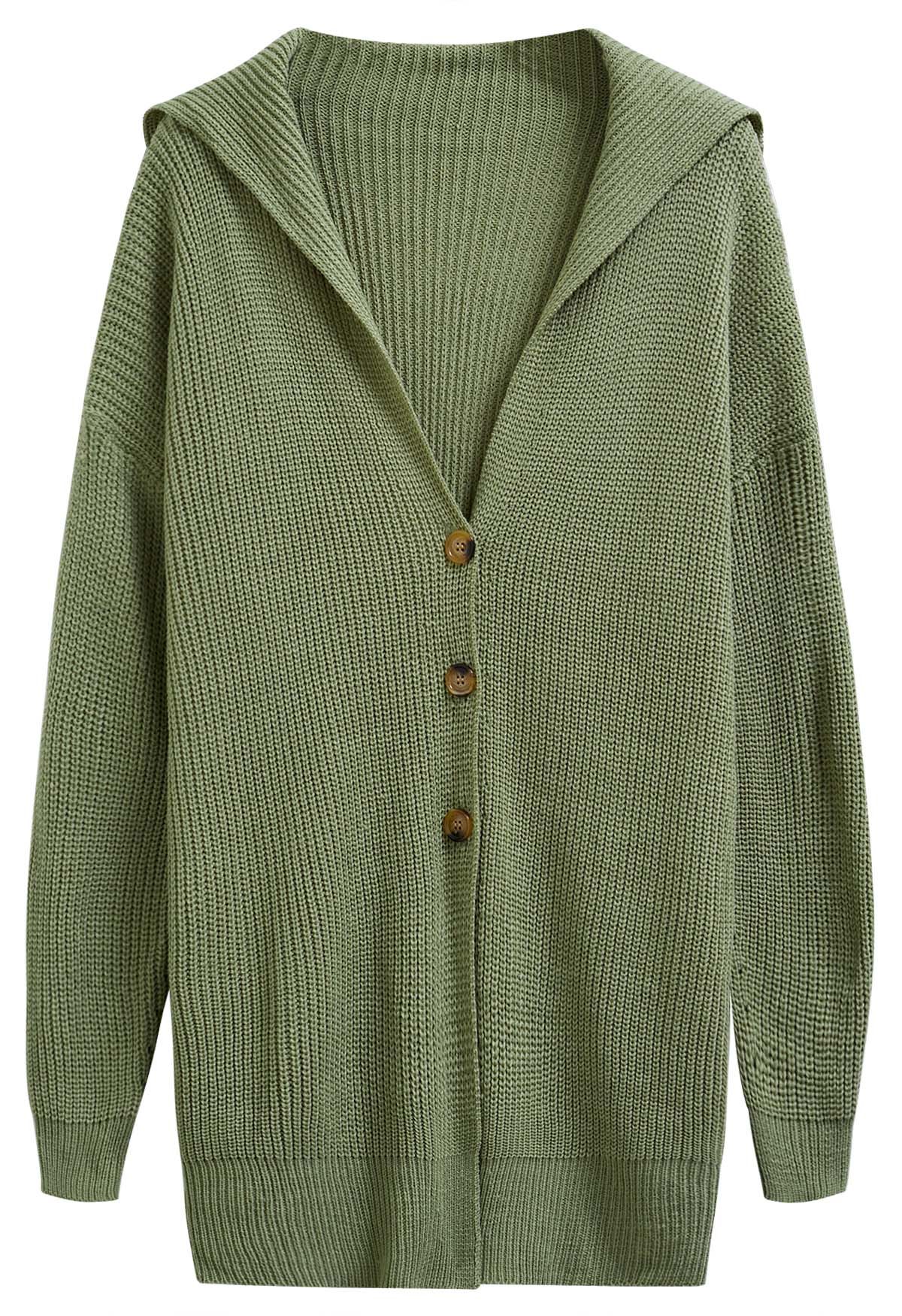 Flap Collar Button Down Longline Knit Cardigan in Green