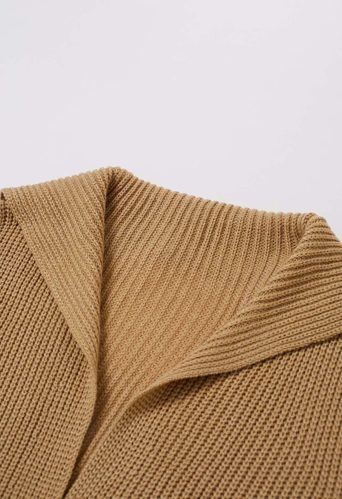 Flap Collar Button Down Longline Knit Cardigan in Tan