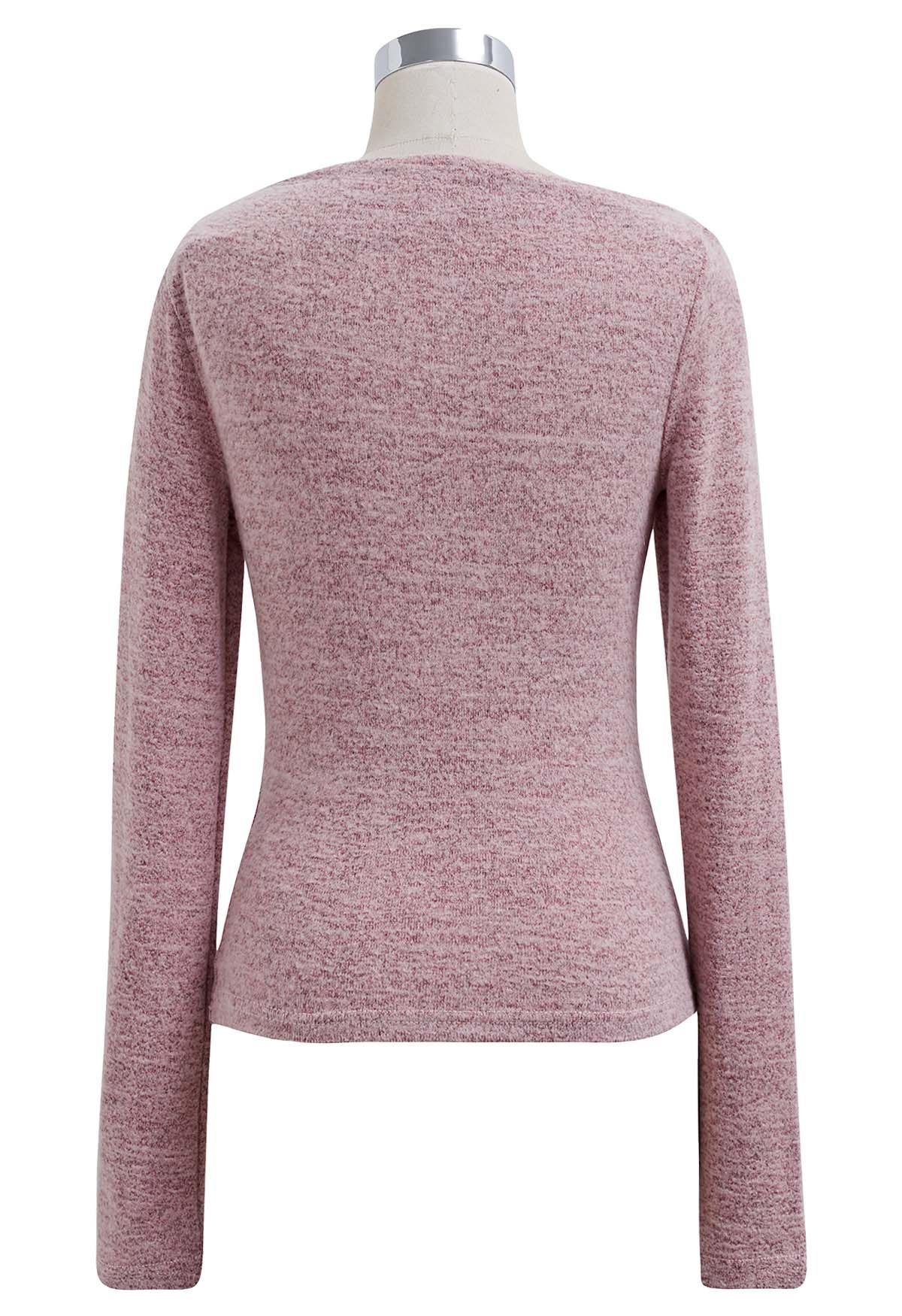 Ruched Front Long Sleeve Knit Top in Pink