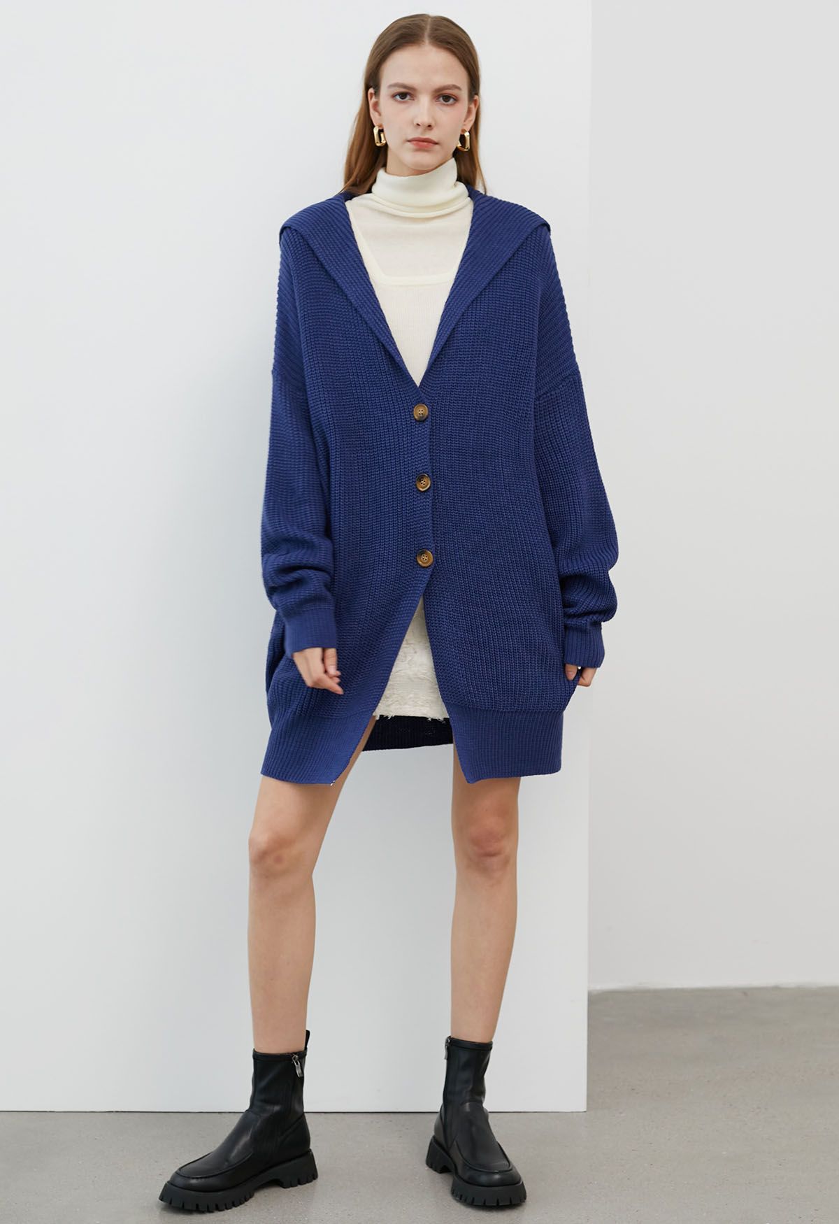 Flap Collar Button Down Longline Knit Cardigan in Navy