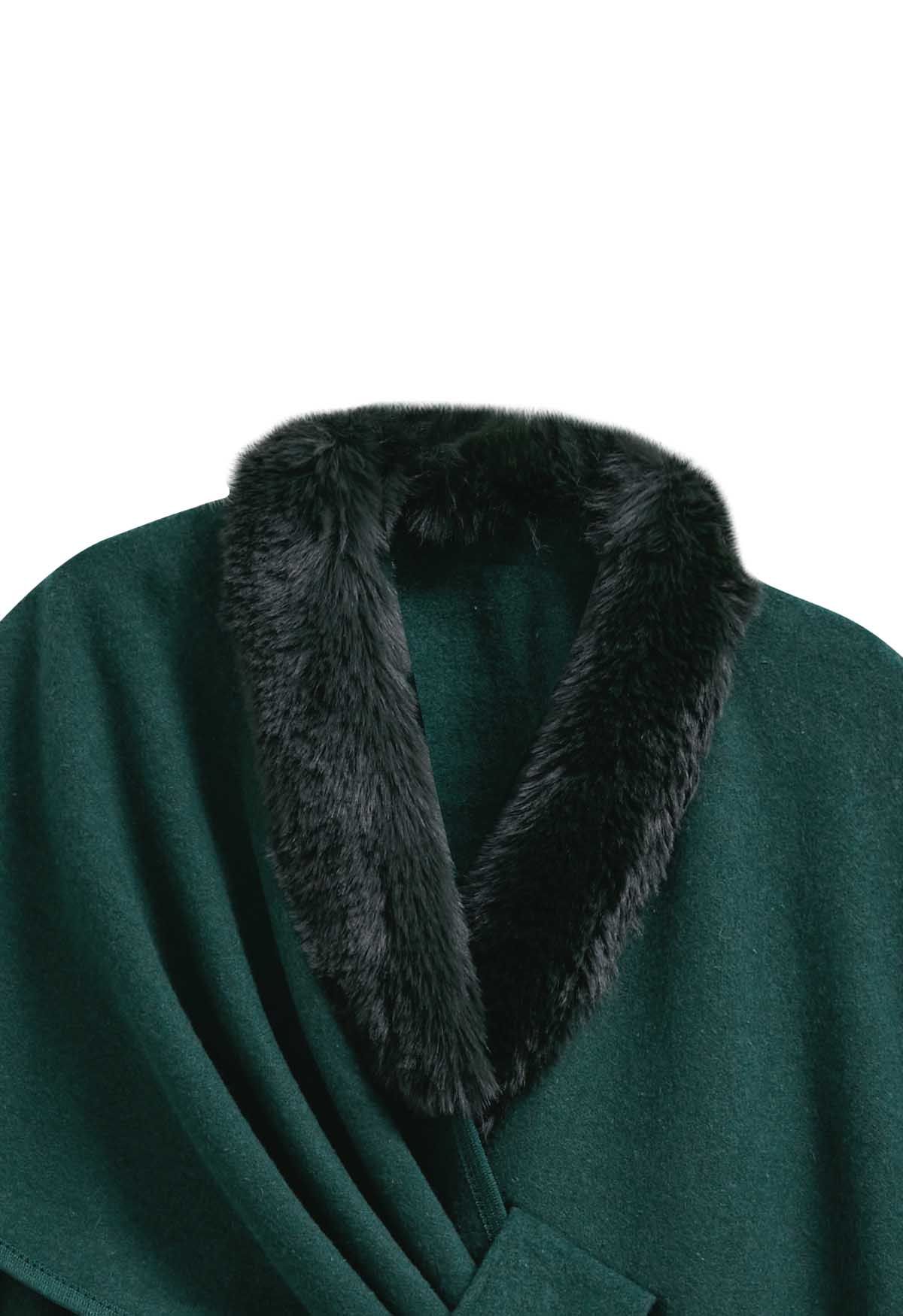 Faux Fur Collar Reversible Poncho in Dark Green