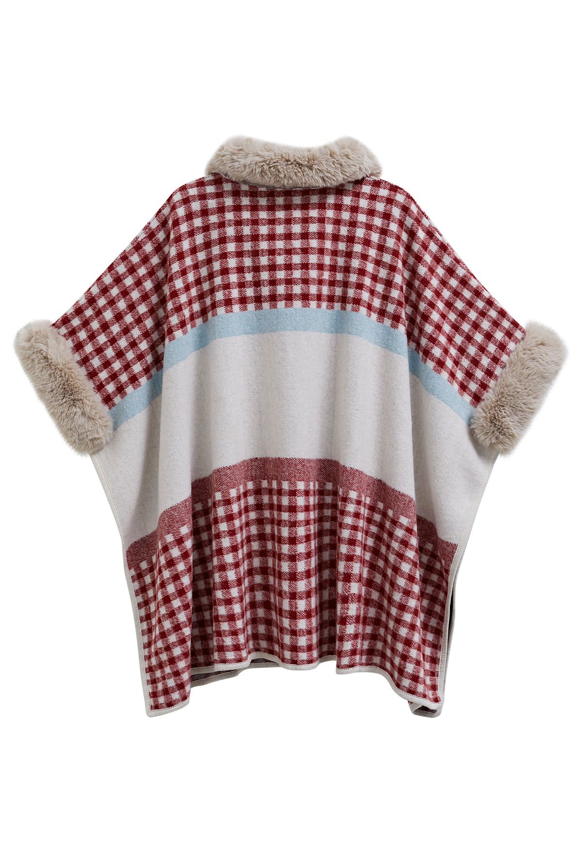 Gingham Print Faux Fur Poncho in Red