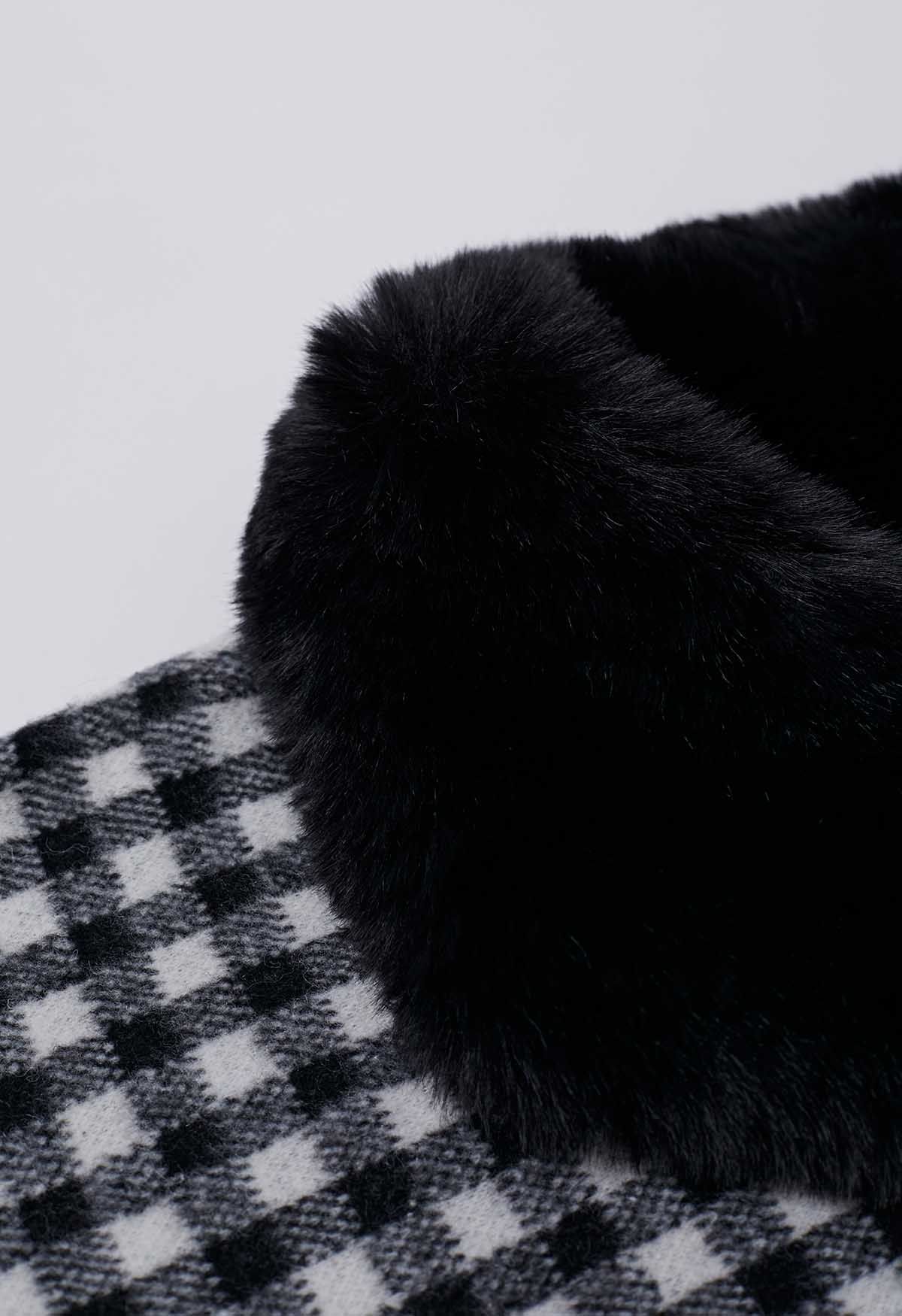 Gingham Print Faux Fur Poncho in Black