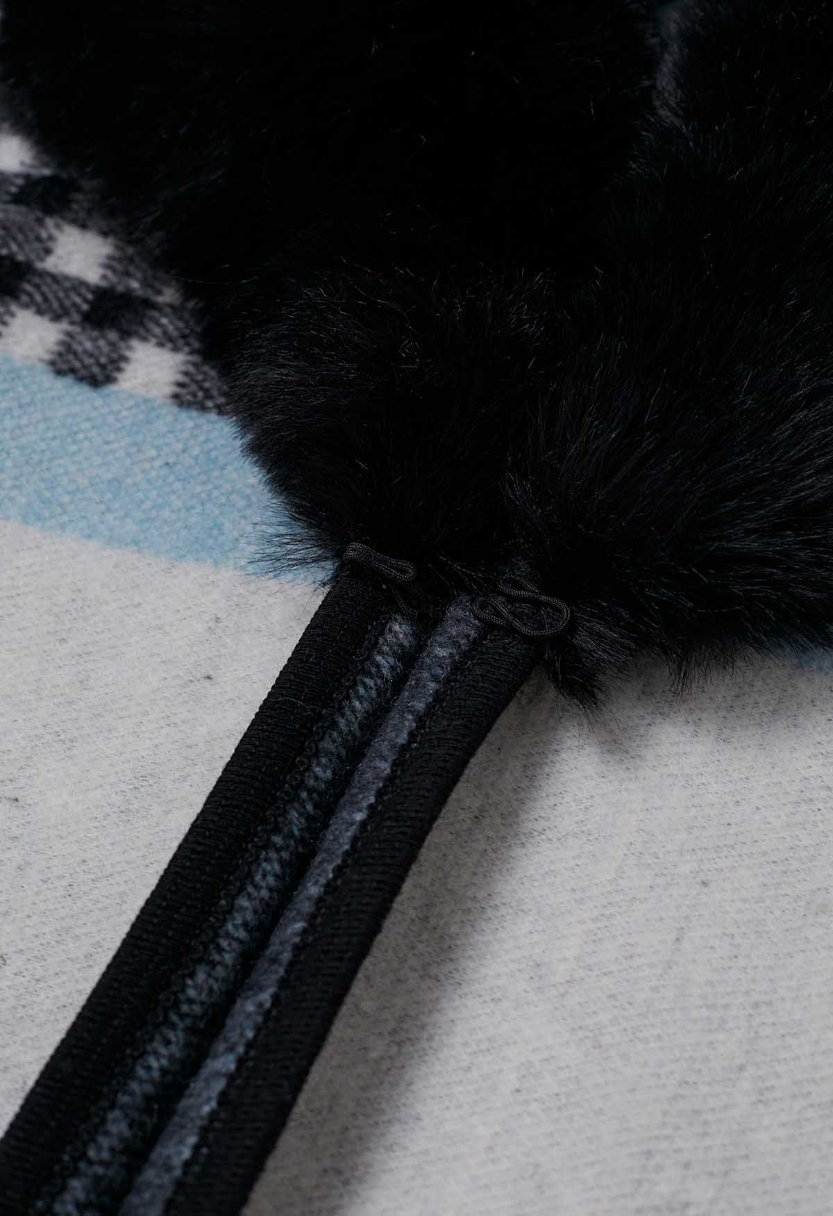 Gingham Print Faux Fur Poncho in Black