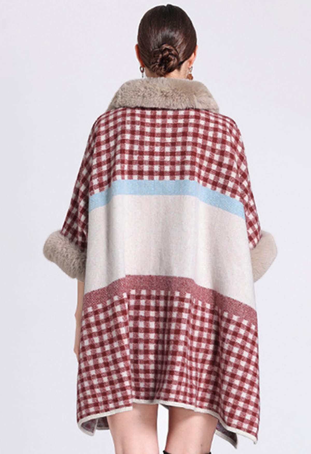 Gingham Print Faux Fur Poncho in Red