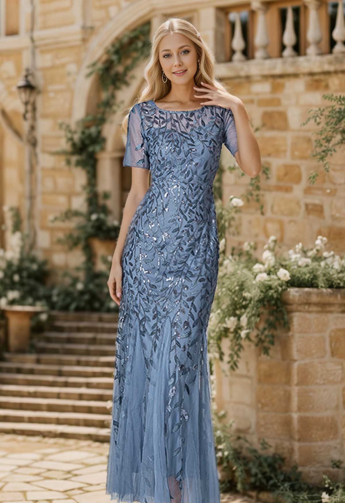 Leaves Branch Sequined Mesh Panelled Gown in Blue - Retro, Indie and ...