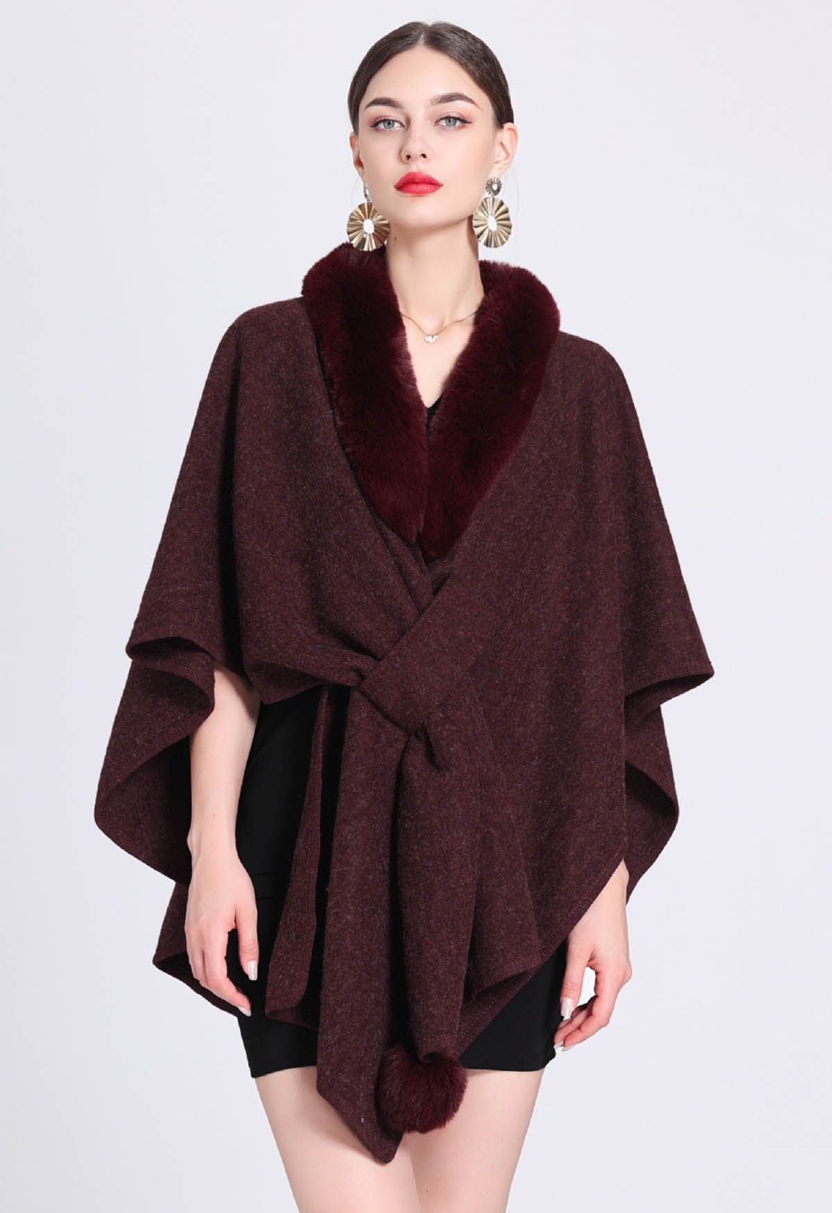 Faux Fur Collar Reversible Poncho in Burgundy - Retro, Indie and Unique ...