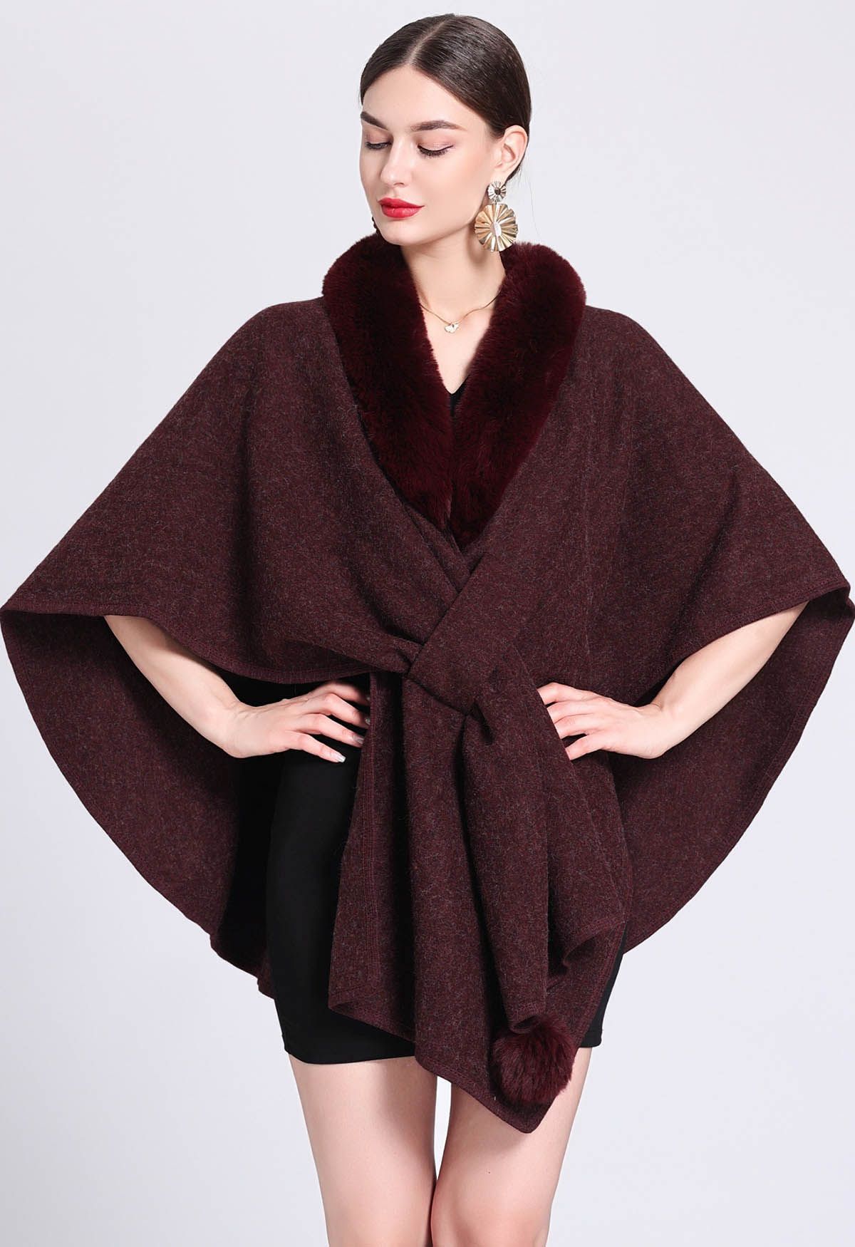 Faux Fur Collar Reversible Poncho in Burgundy - Retro, Indie and Unique ...
