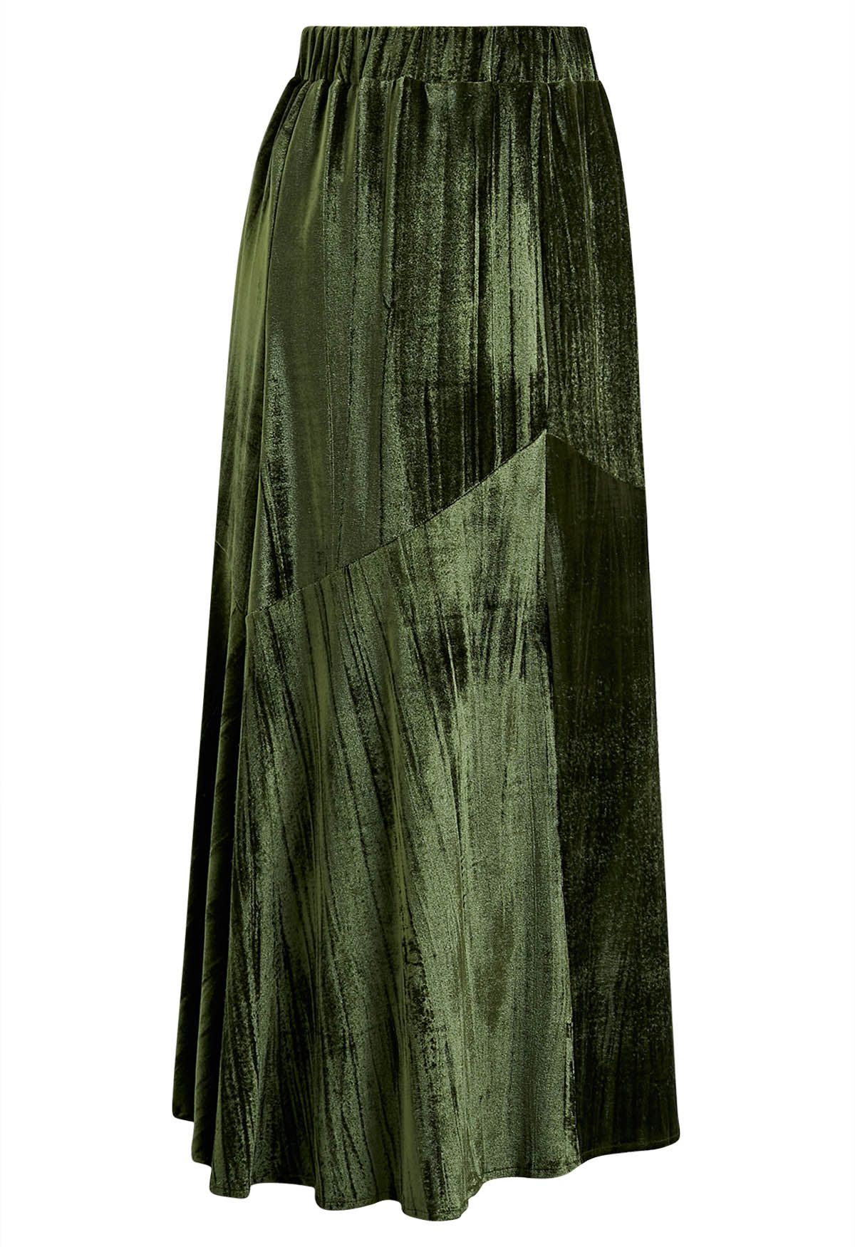 Flare Hem Velvet Midi Skirt in Green - Retro, Indie and Unique Fashion