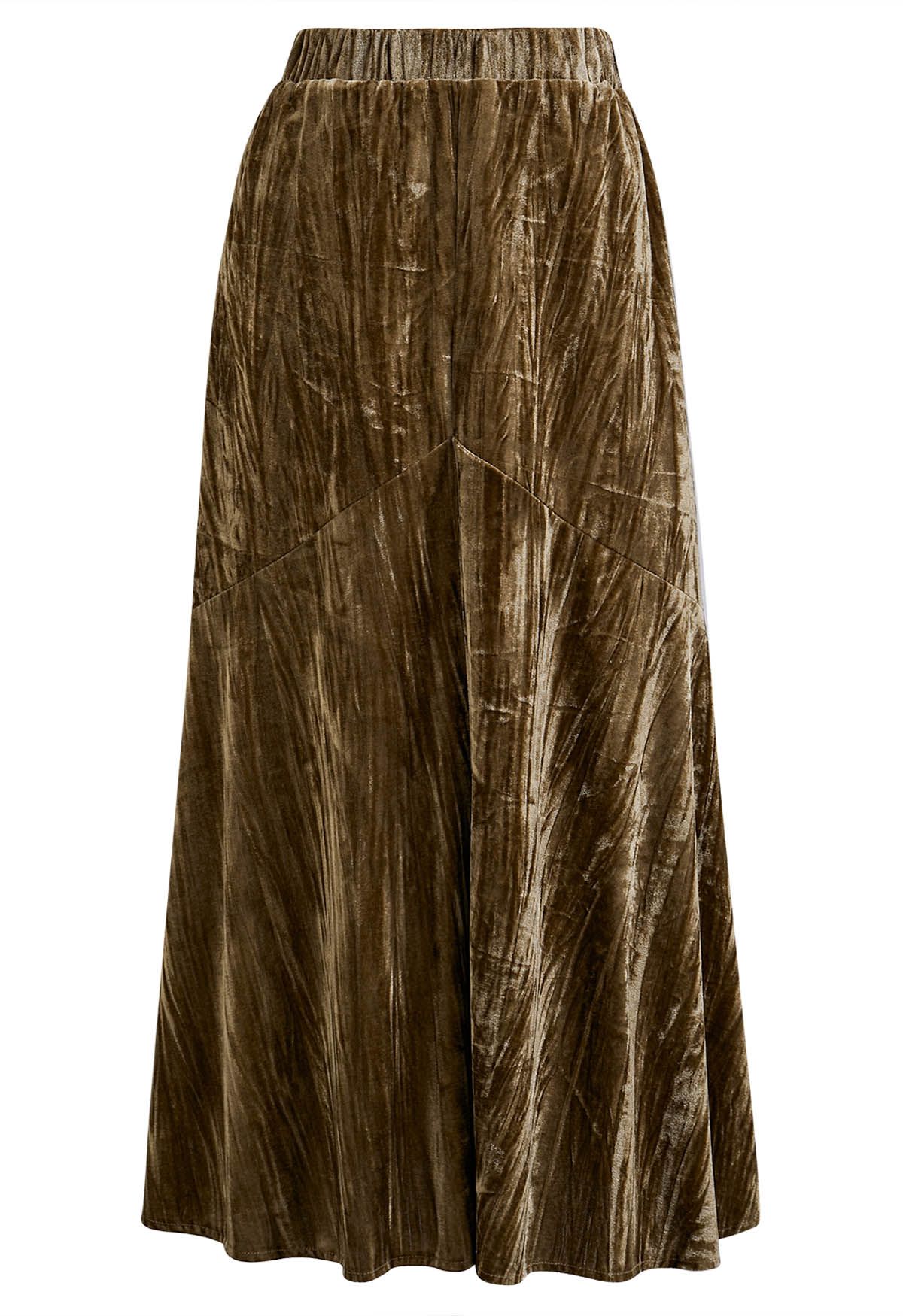 Flare Hem Velvet Midi Skirt in Caramel - Retro, Indie and Unique Fashion