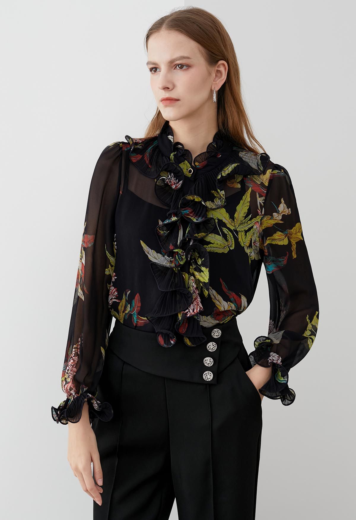 Floral Print Ruffle Trim Chiffon Shirt Black L-XL