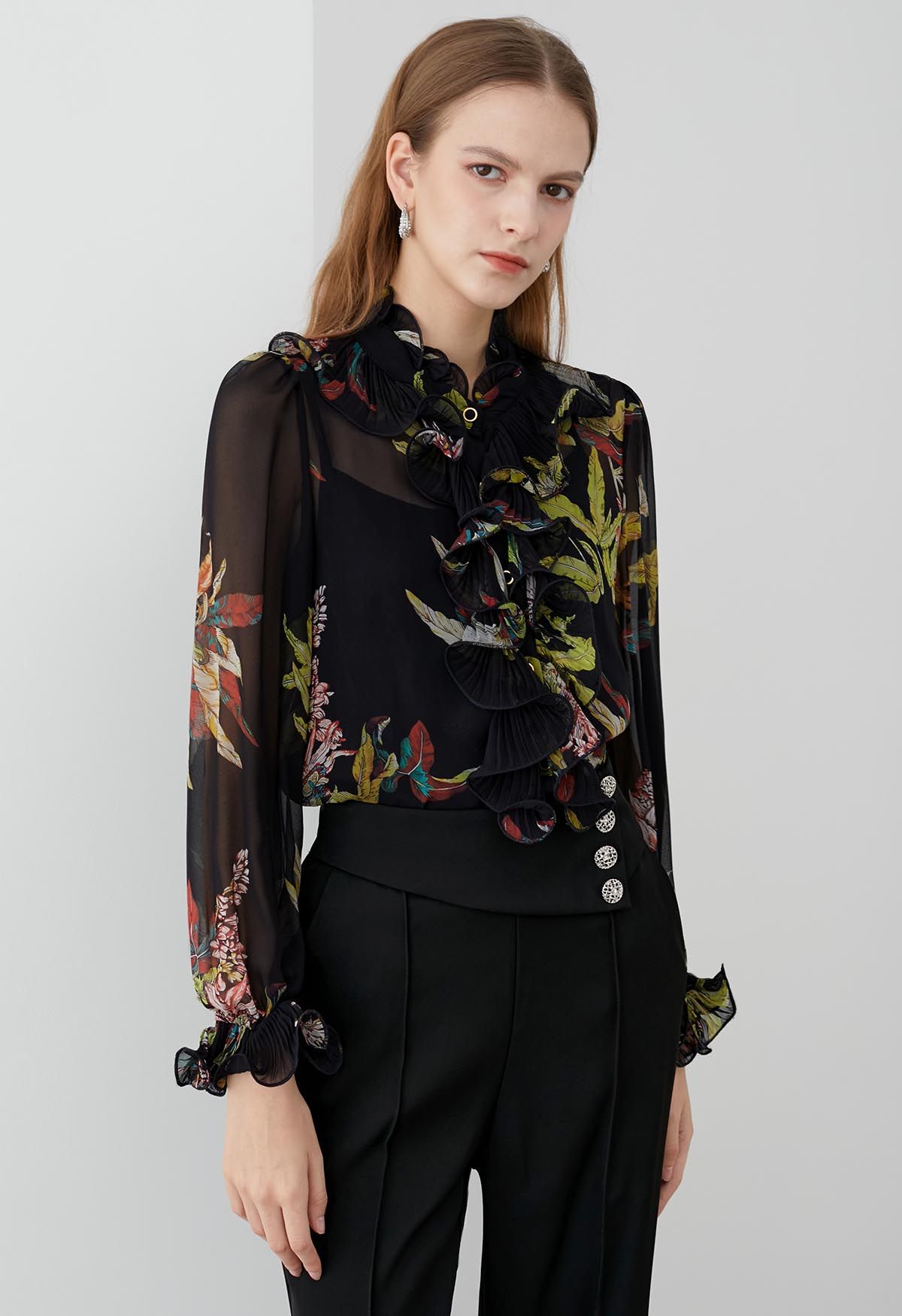 Floral Printed Sheer Chiffon Shirt with Ruffle Details (STO654B