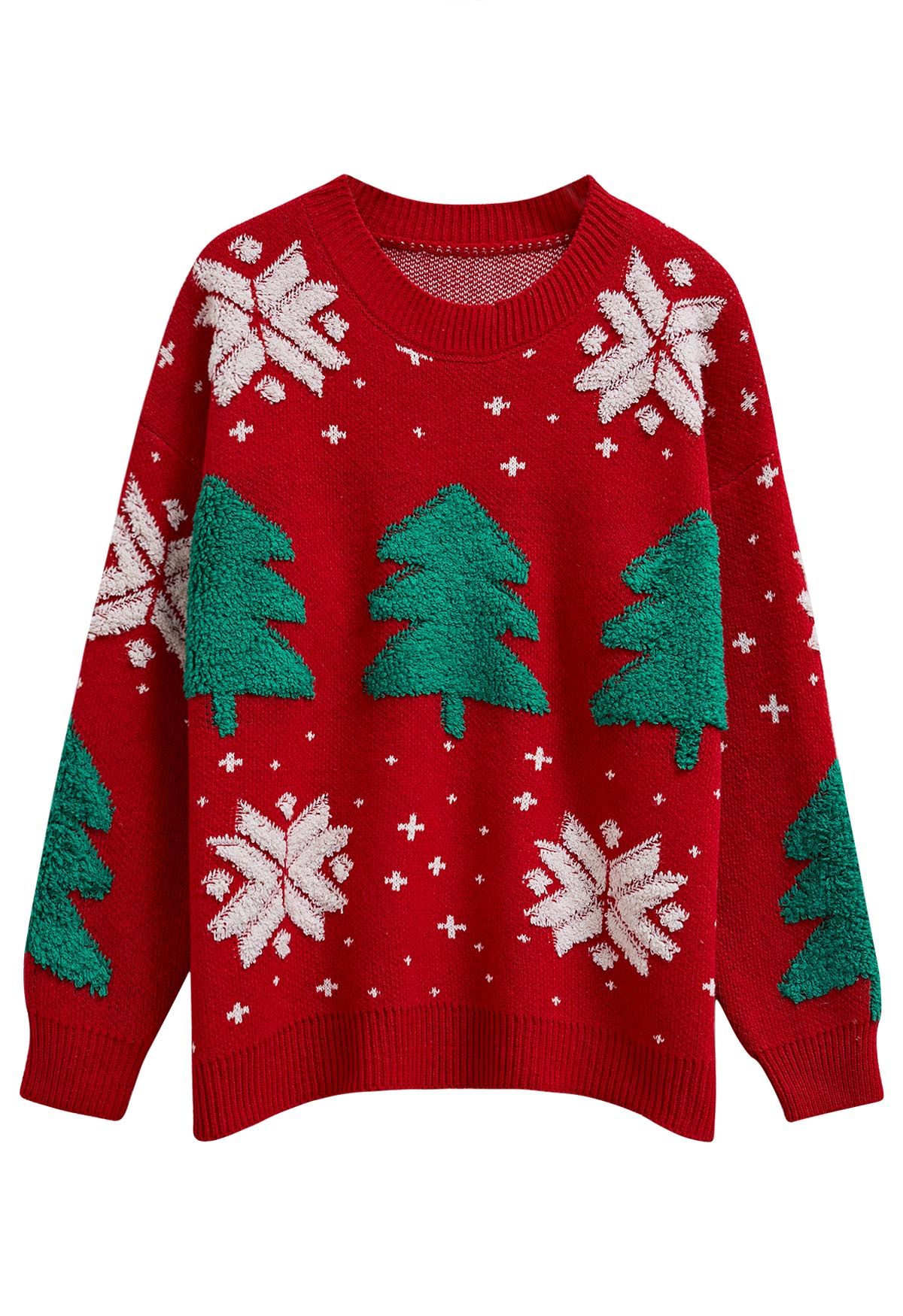 Christmas Tree and Snowflake Jacquard Knit Sweater in Red - Retro ...