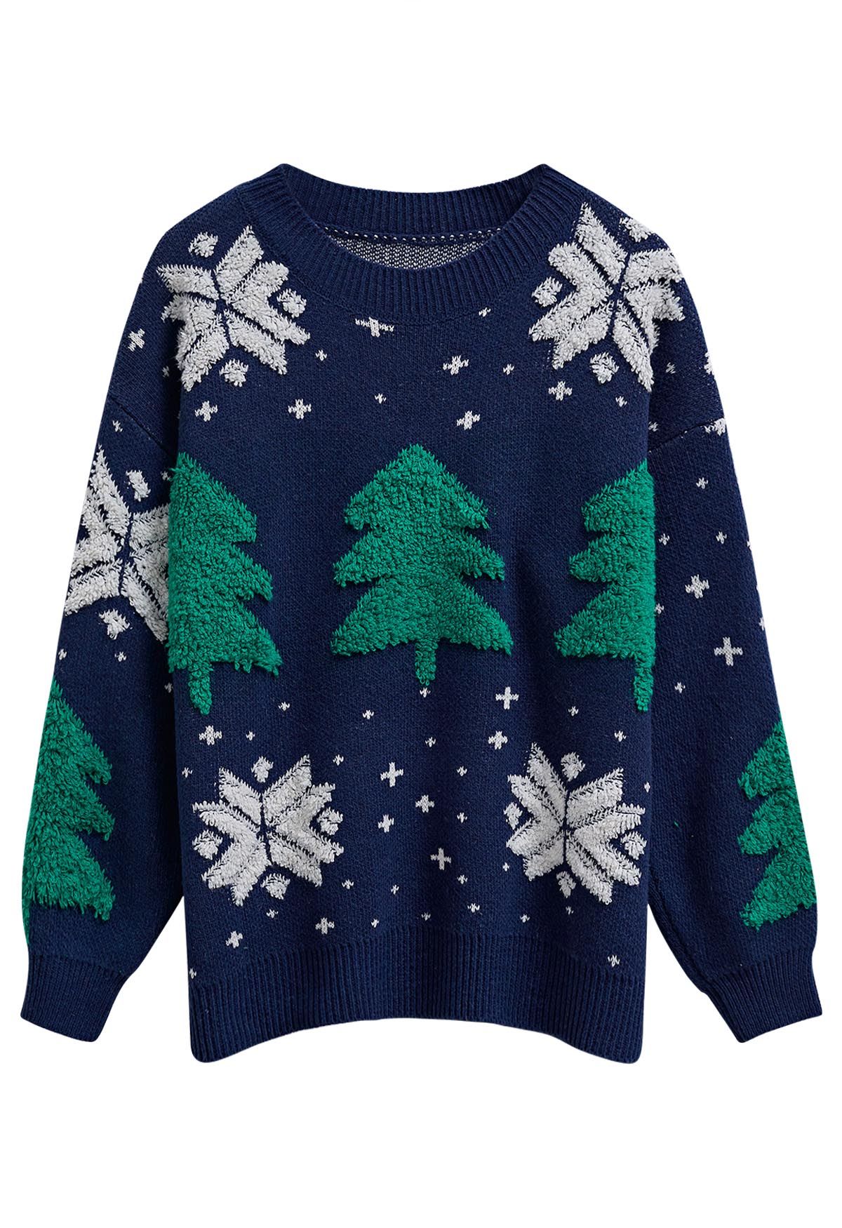 Christmas Tree and Snowflake Jacquard Knit Sweater in Indigo - Retro ...