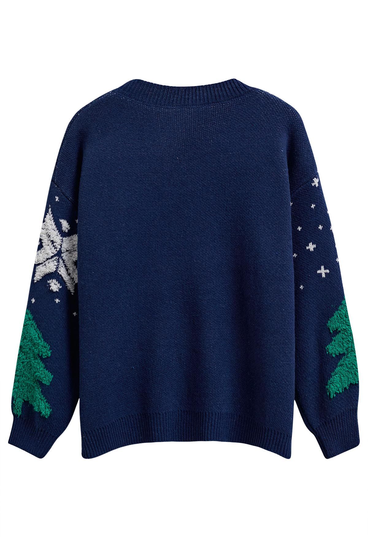 Christmas Tree and Snowflake Jacquard Knit Sweater in Indigo