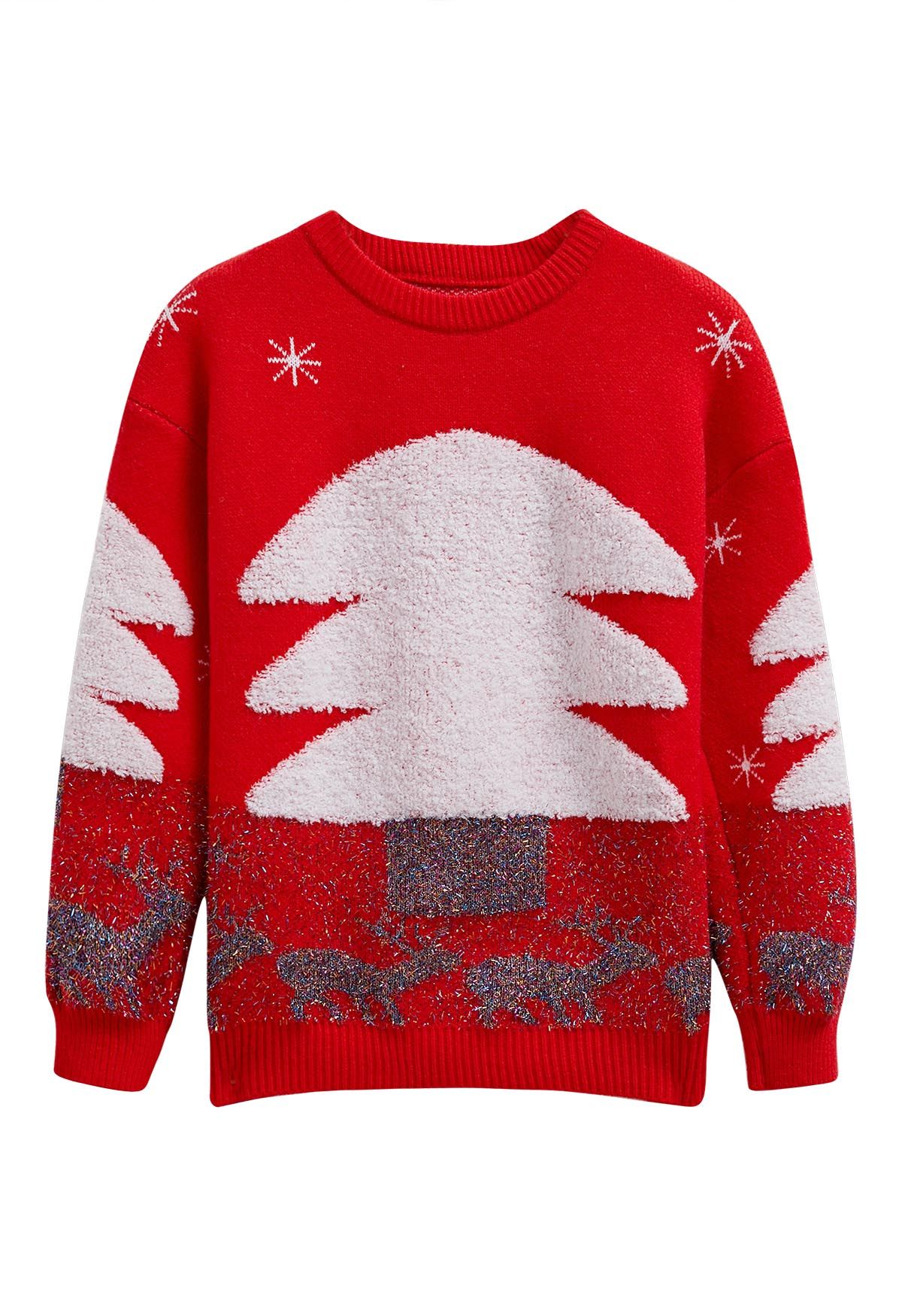 Joyful Christmas Tree and Elk Jacquard Knit Sweater in Red