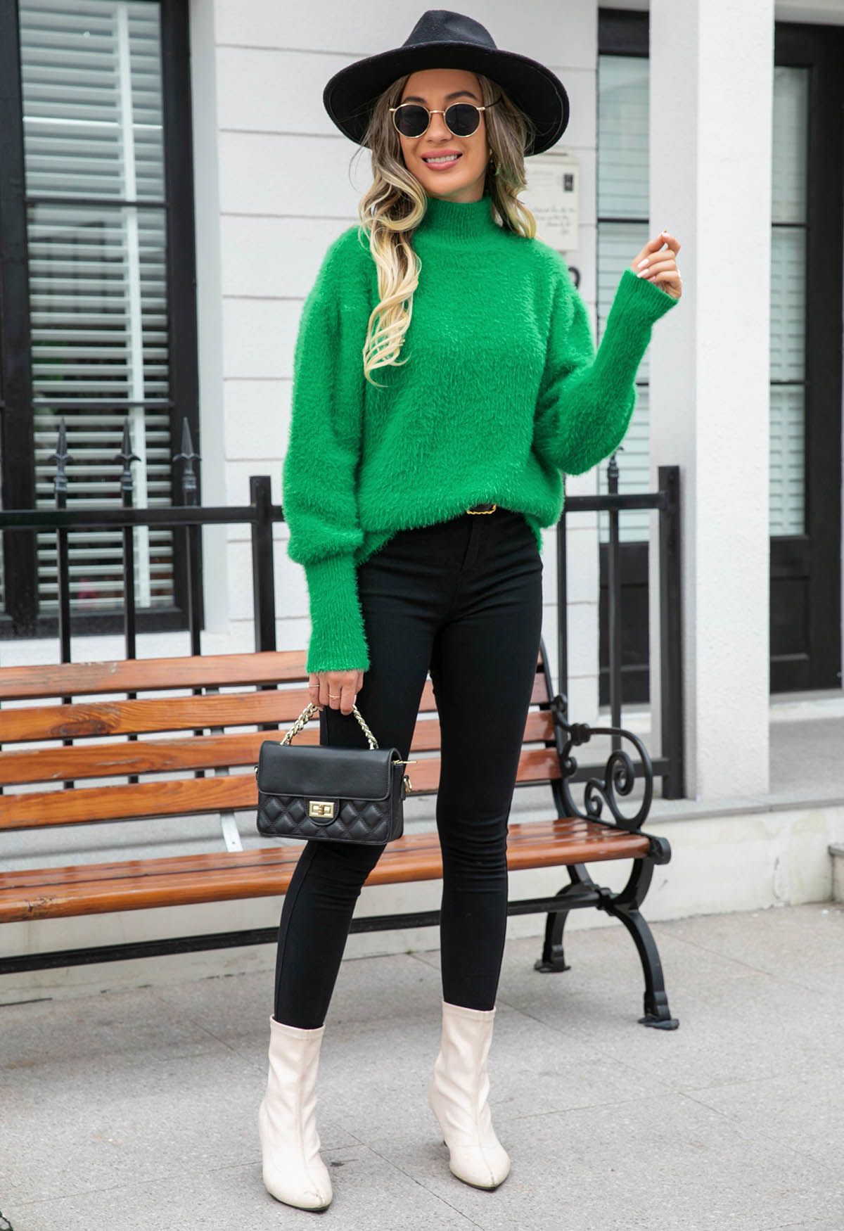 Cozy Perfection High Neck Fuzzy Knit Sweater in Green - Retro, Indie ...