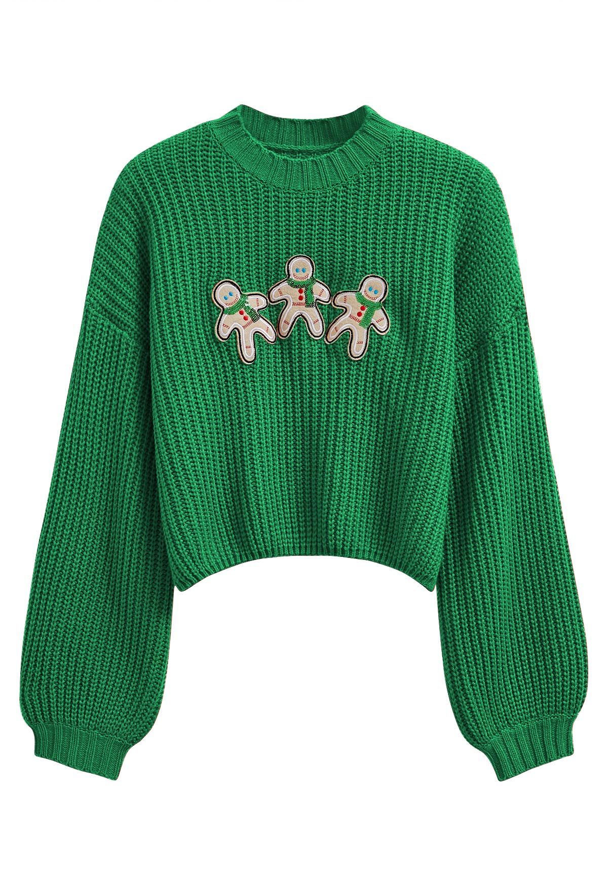 Gingerbread Man Patch Ribbed Sweater in Green